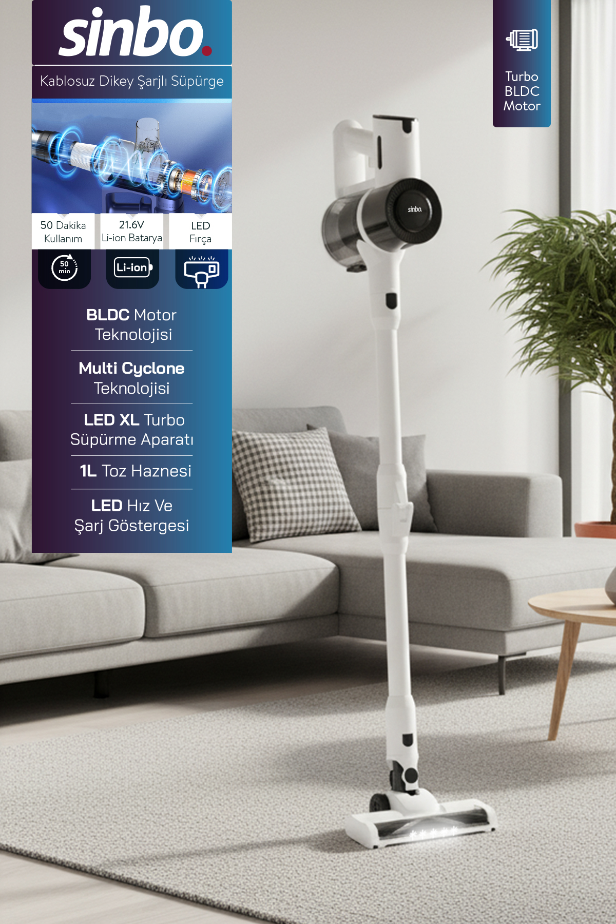 Sinbo Svc-8635 BLDC Motorlu Dikey Kablosuz Şarjlı Led Aydınlatmalı Süpürge-BEYAZ