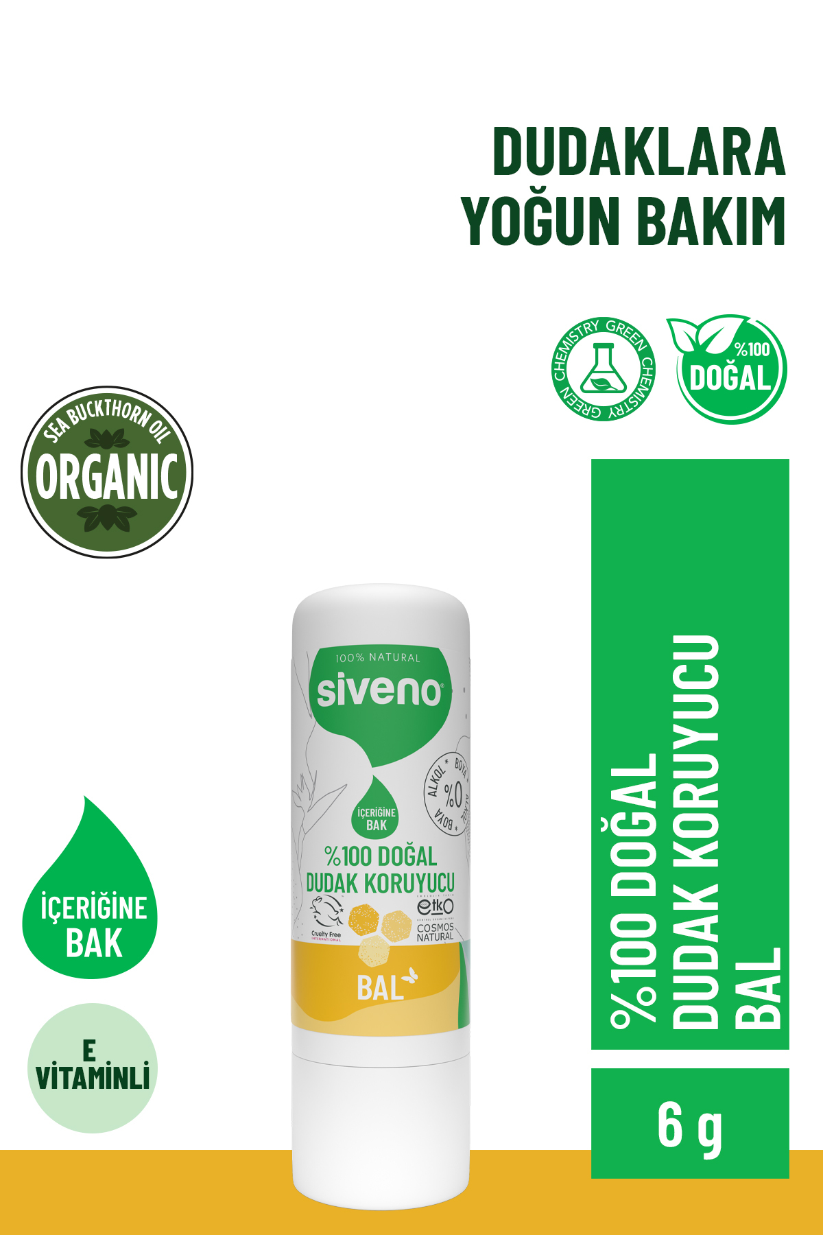 Siveno %100 Doğal Dudak Koruyucu Bal Bitkisel Lipbalm Dudak Kremi Nemlendirici Parlatıcı Onarıcı 6 G