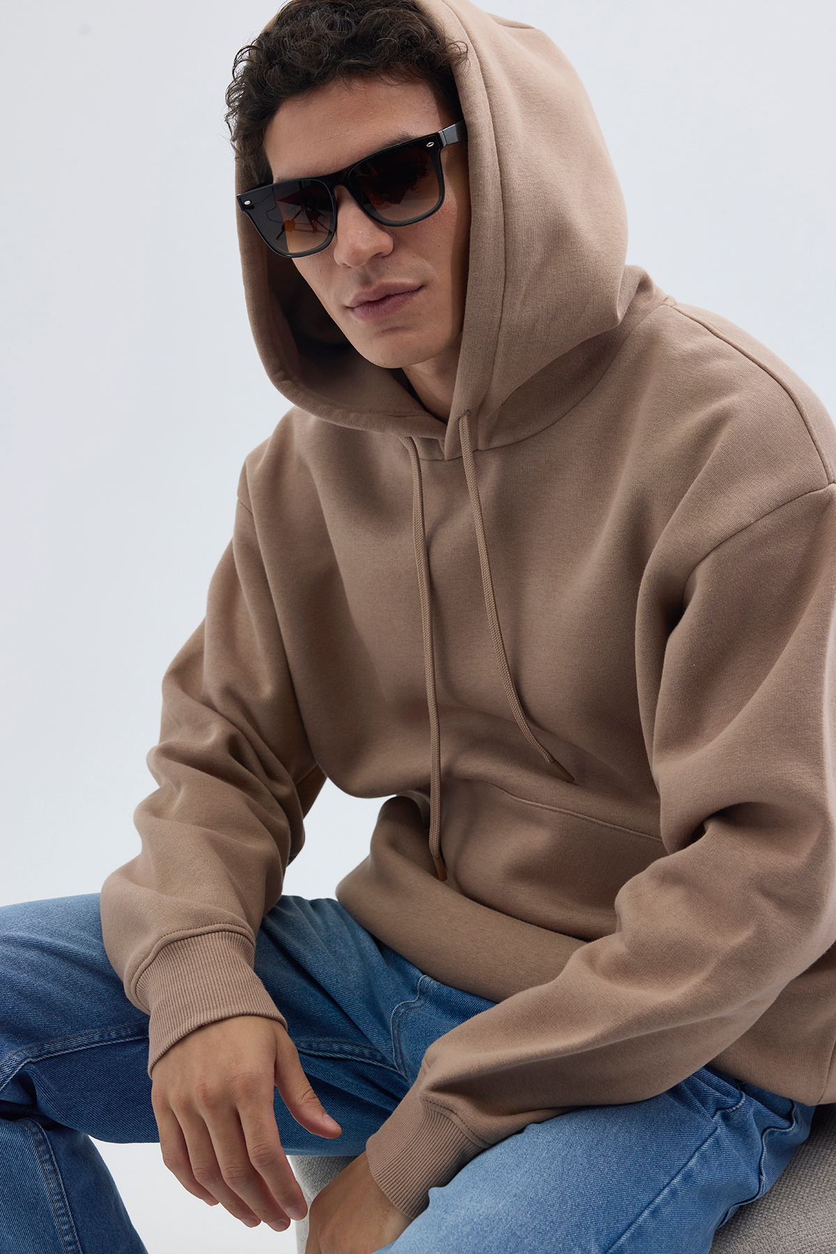 Tudors Unisex Oversize Geniş Kesim Pamuklu Yumuşak Dokulu İçi Polarlı Basic Vizon Renk Kapüşonlu Sweatshirt