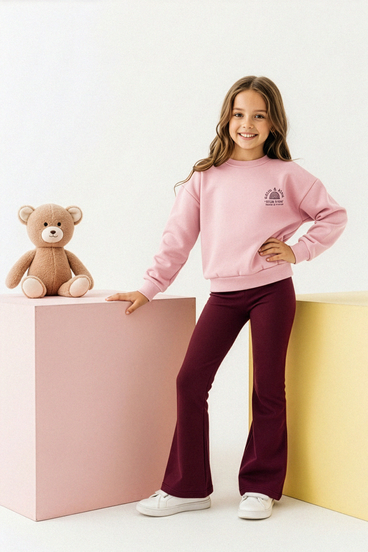 TRENDYOLKIDS Powder Cotton Plain Thick/Inside Fleece Oversize Girls' Knitted Bottom - Top Set Tkdaw26Au00020
