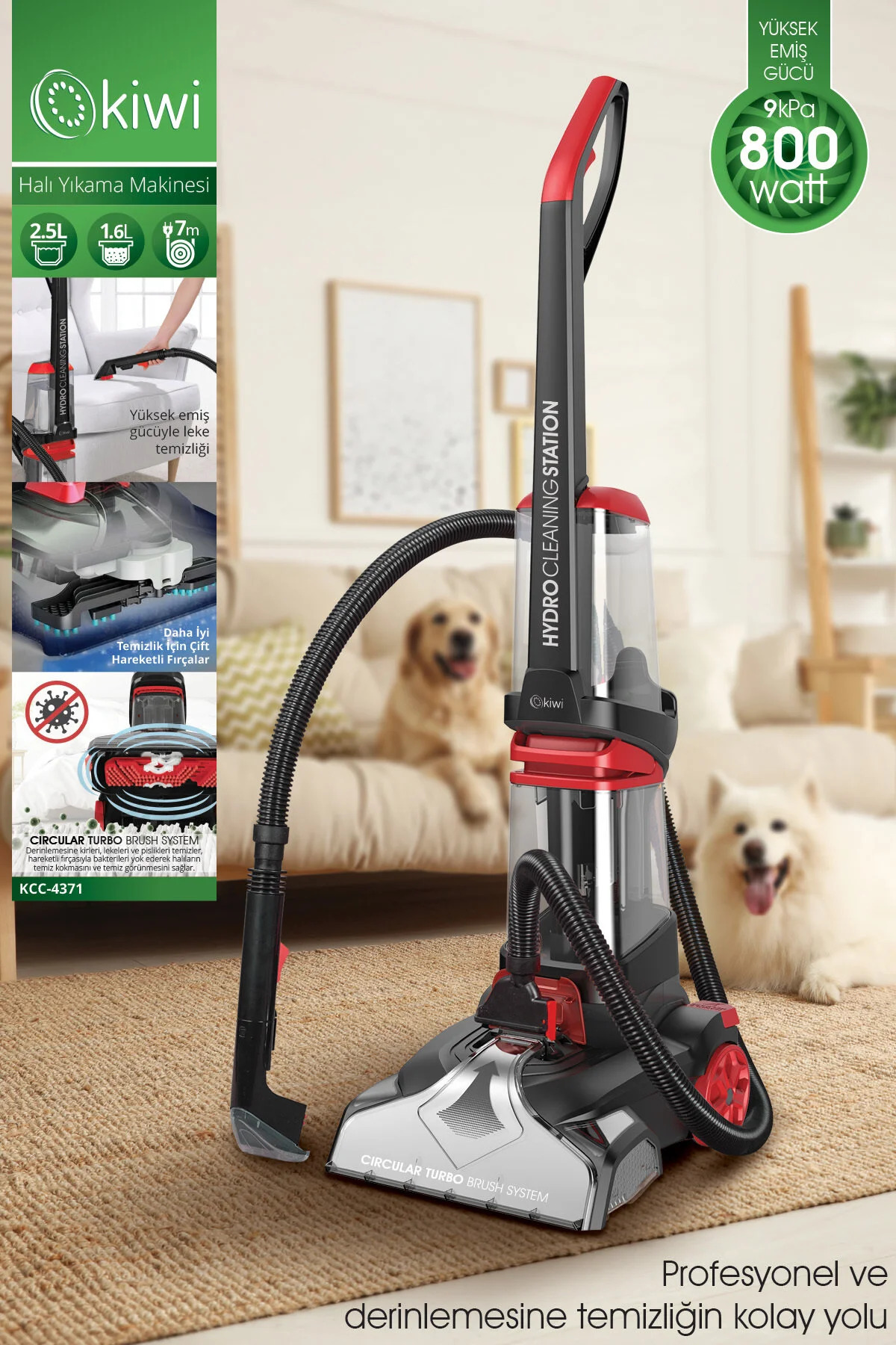 Kiwi KCC-4371 PRO Bağlanabilir Koltuk Temizleme Başlıklı Dikey Halı Yıkama Leke Çıkartma Makinesi Pembe