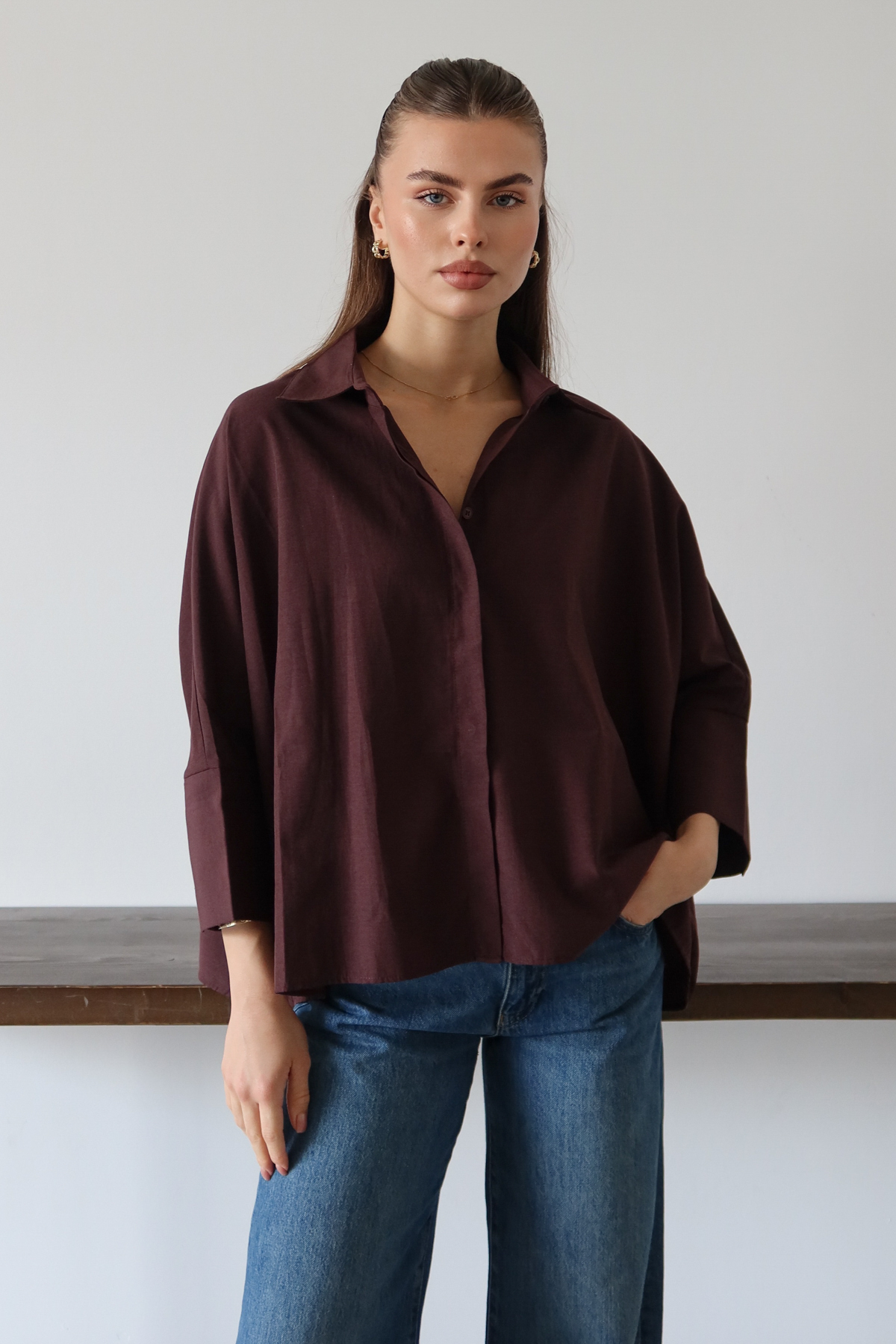 Trendyolmilla  Mürdüm Geniş Manşetli Oversize Dokuma Gömlek TWOAW26GO00130 - Görsel 5