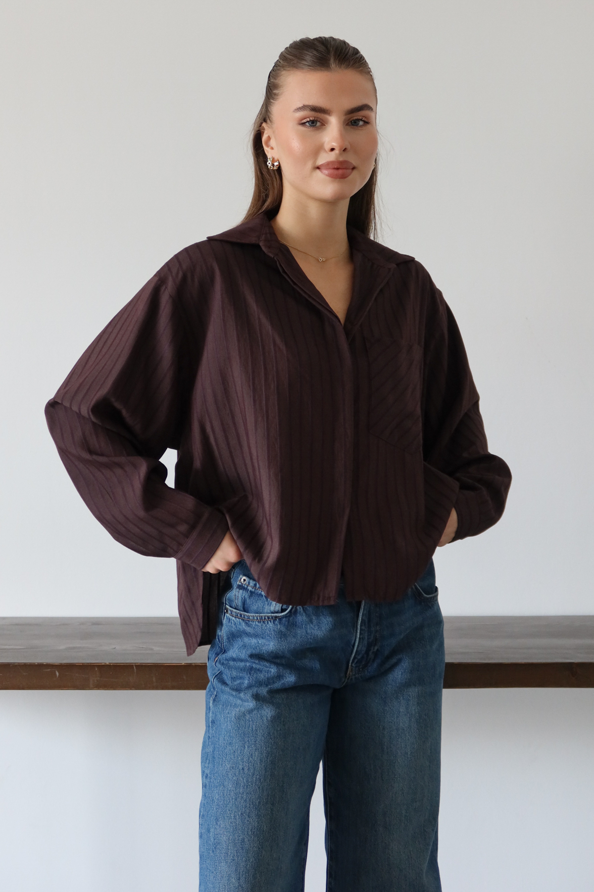 Trendyolmilla  Kahverengi Çizgili Oversize Dokuma Gömlek TWOAW26GO00138 - Görsel 2