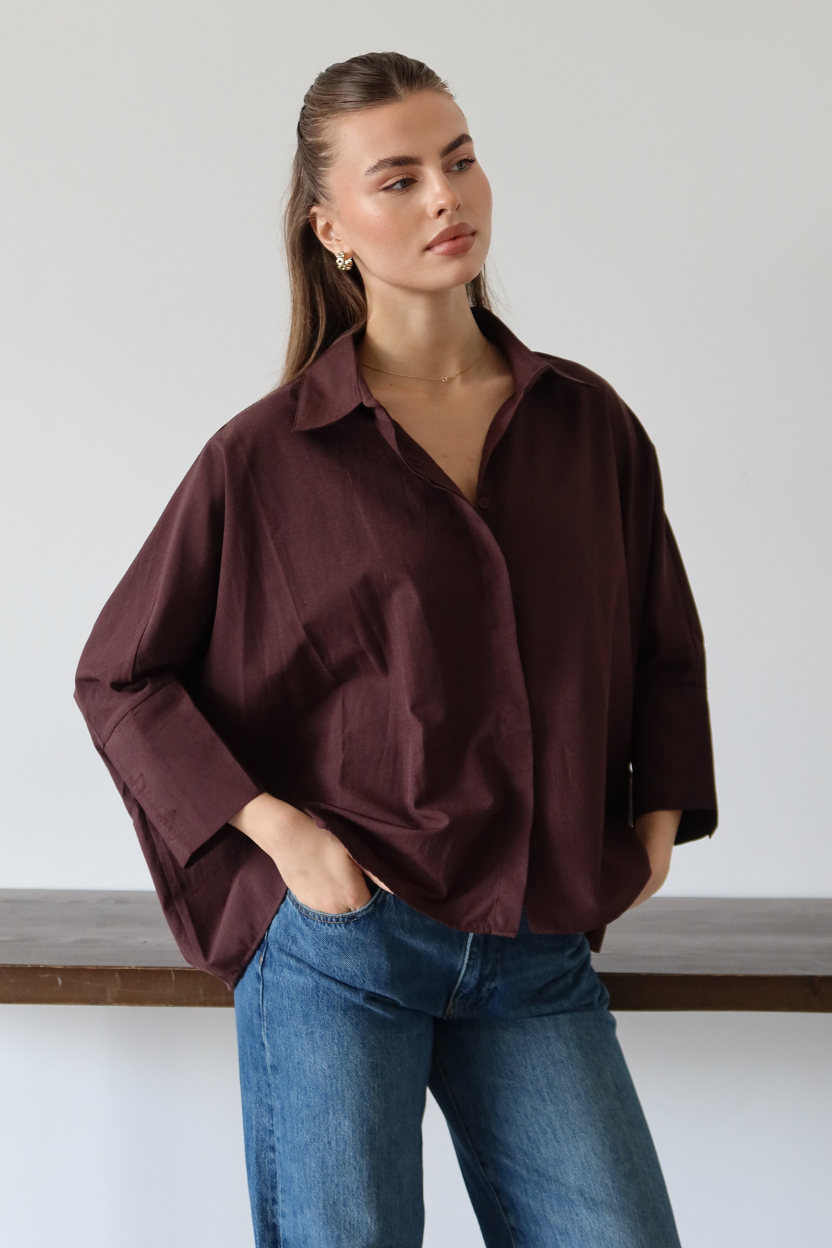 Trendyolmilla  Mürdüm Geniş Manşetli Oversize Dokuma Gömlek TWOAW26GO00130 - Görsel 6