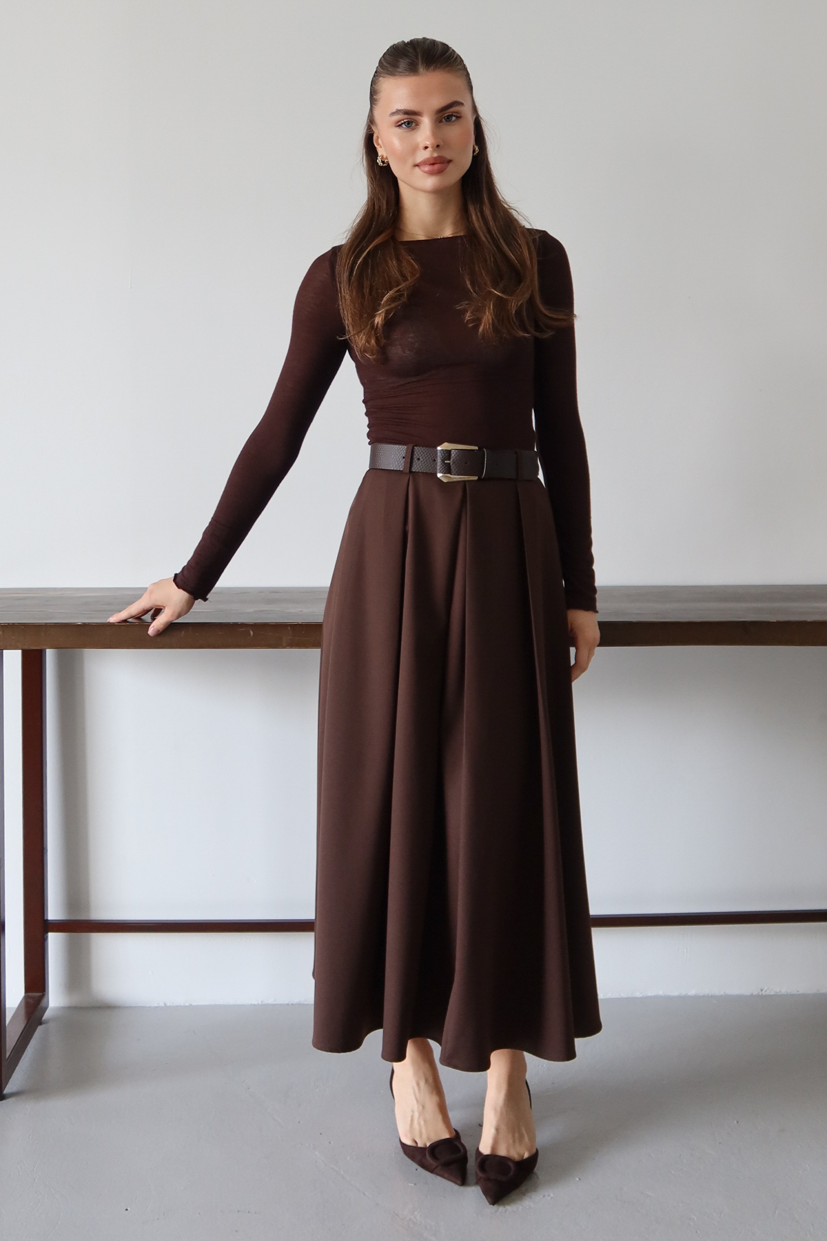 Trendyolmilla  Koyu Kahverengi Kemerli Çan/A-Line Dokuma Uzun Maxi Etek TWOAW26ET00168 - Görsel 7