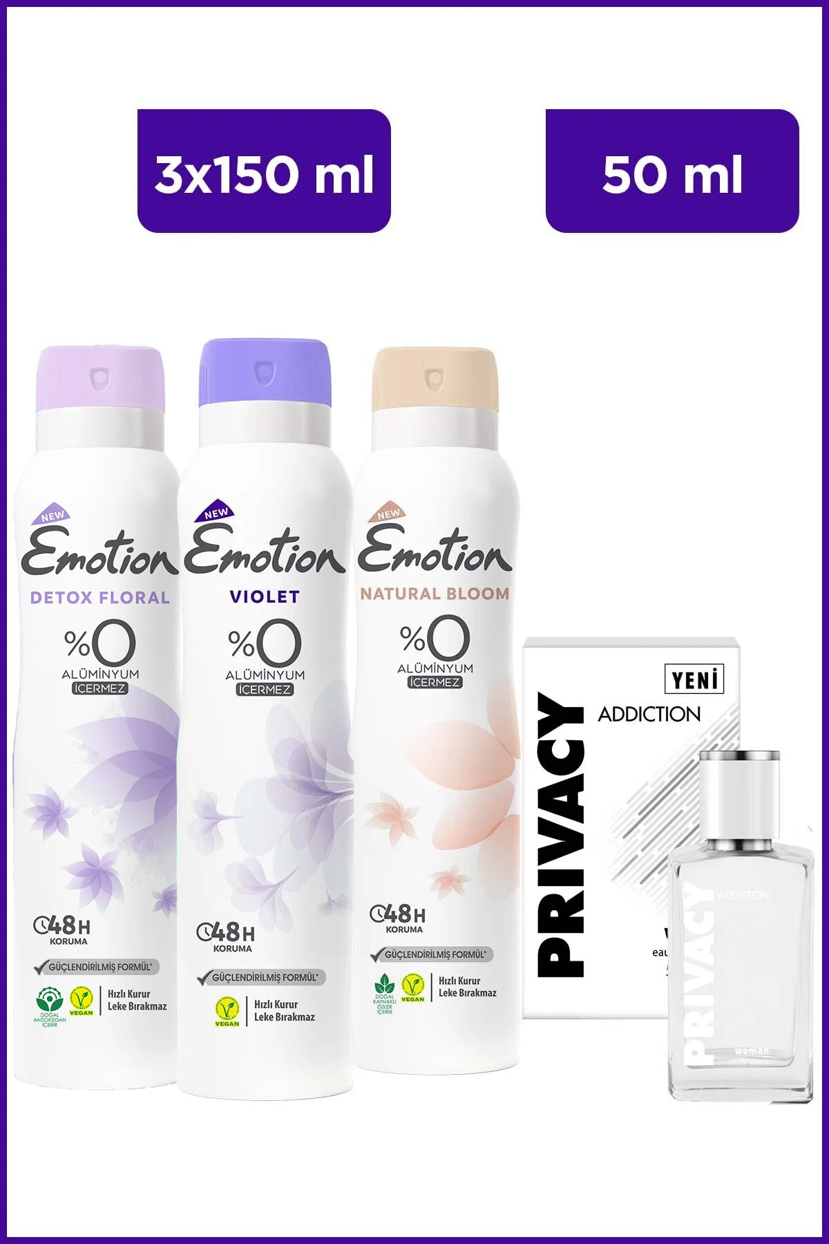 Privacy Woman Addiction Edt 50 Ml Kadın Parfüm & Emotion Floral,Violet,NaturalBloom Kadın Deodorant 3x150 Ml — EVYSET345