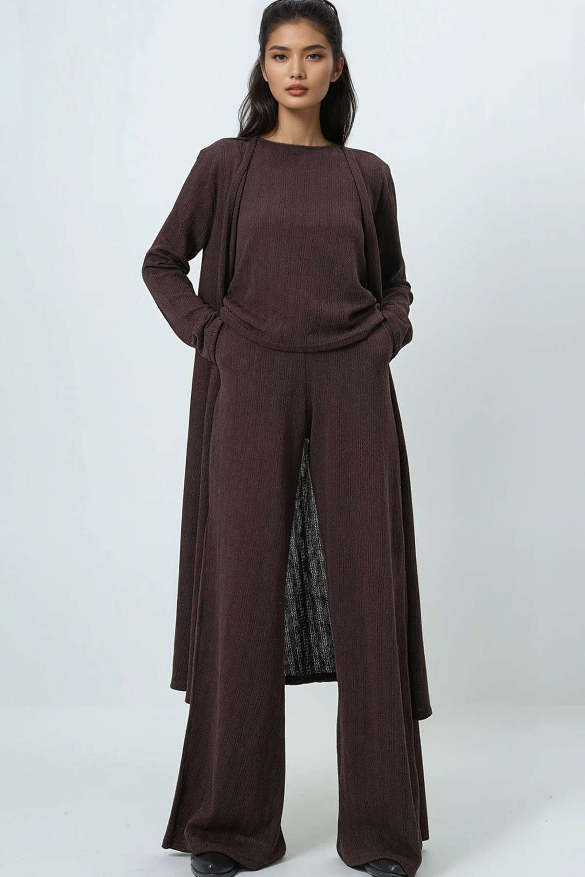Kadın Kahverengi Bisiklet Yaka Omzu Vatkalı Dokulu Bluz Pantolon Ve Hırkalı 3 Lü Takım ALC-X14703