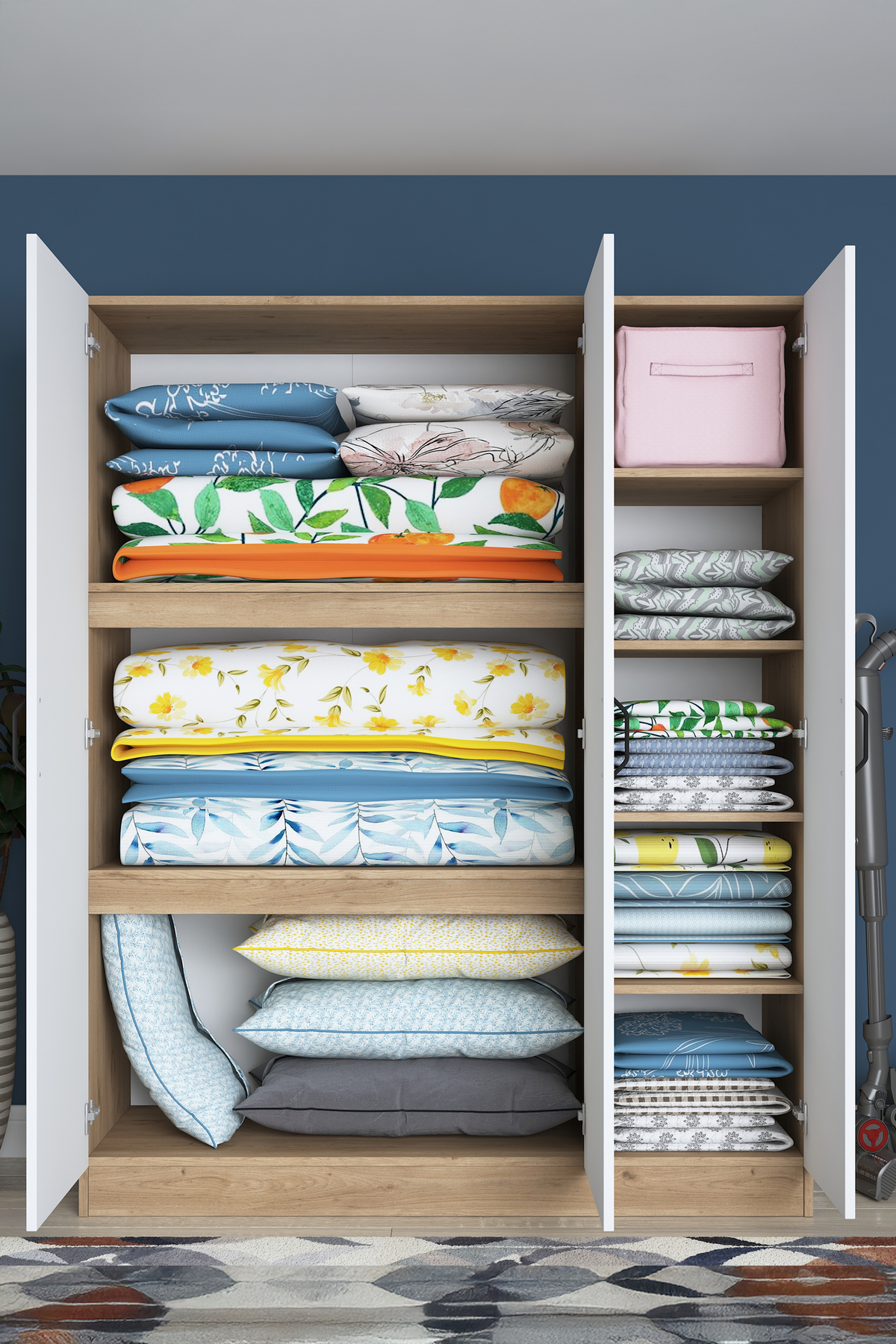 Rani Ba105 Cargo 3 Door 8 Shelf Bed Quilt Pillow Storage Cabinet Basket Walnut - White
