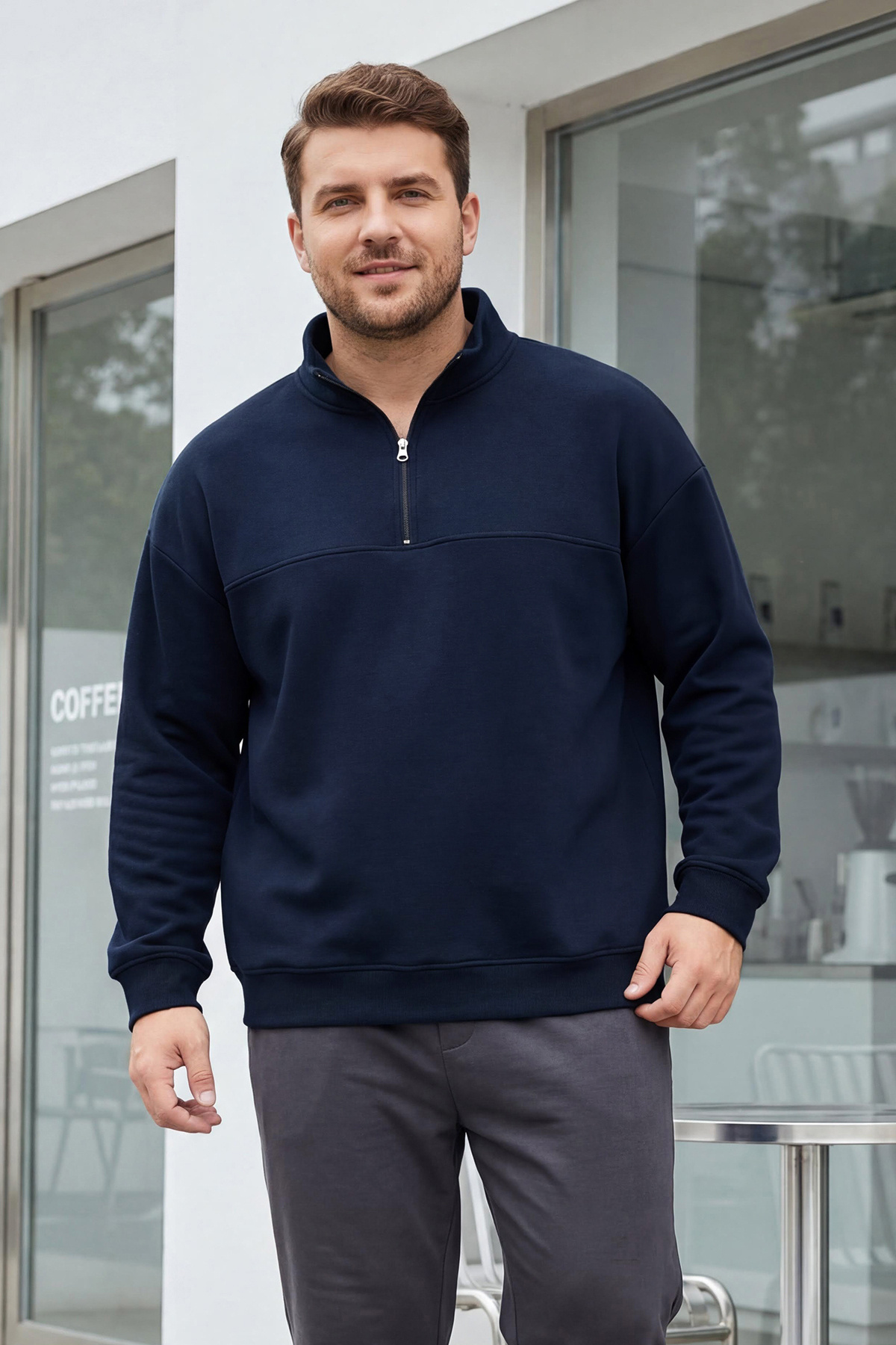 Trendyolmilla Man Büyük Beden Lacivert Oversize/Geniş Kesim Fermuarlı Sweatshirt TMNAW25AO00028