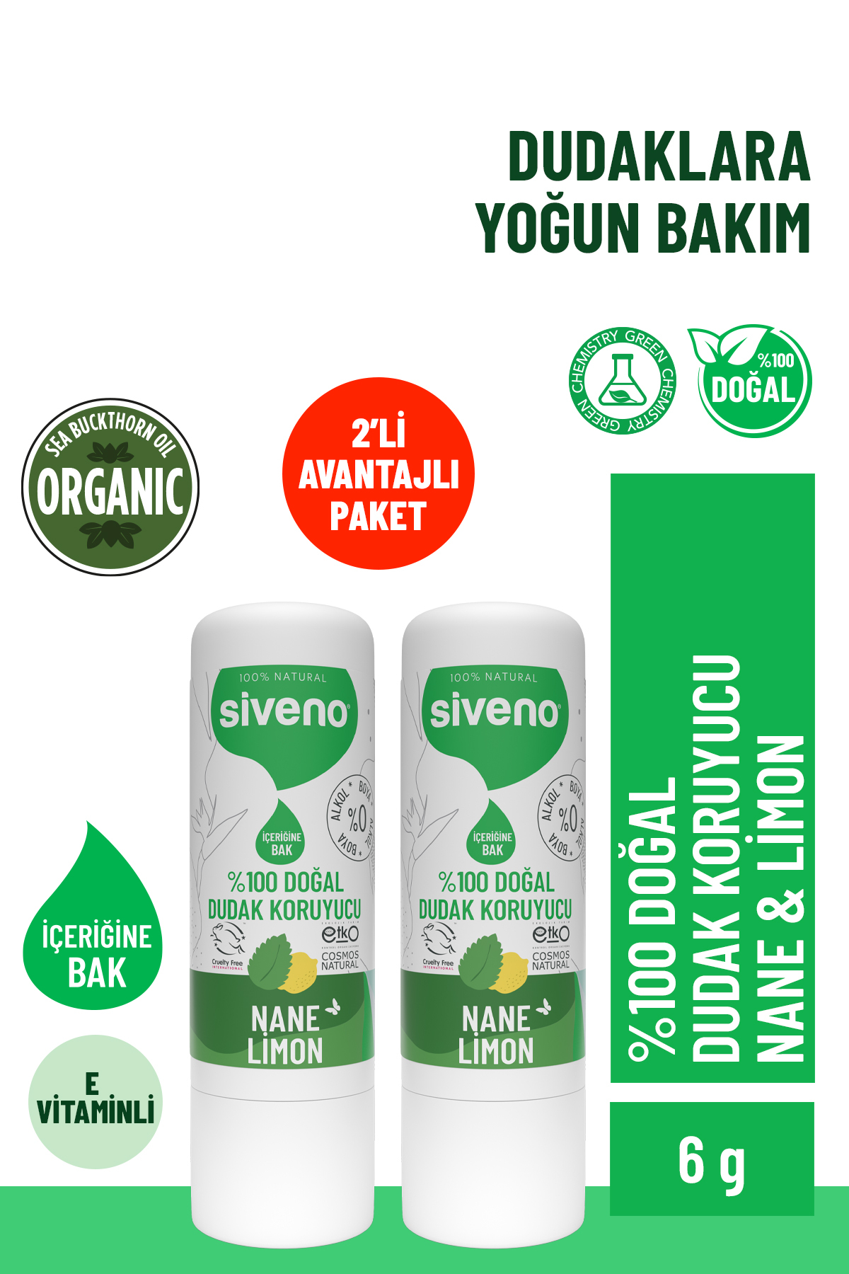 Siveno %100 Doğal Dudak Koruyucu Nane & Limon Lipbalm Krem Nemlendirici Parlatıcı Onarıcı 6 G X 2 Adet