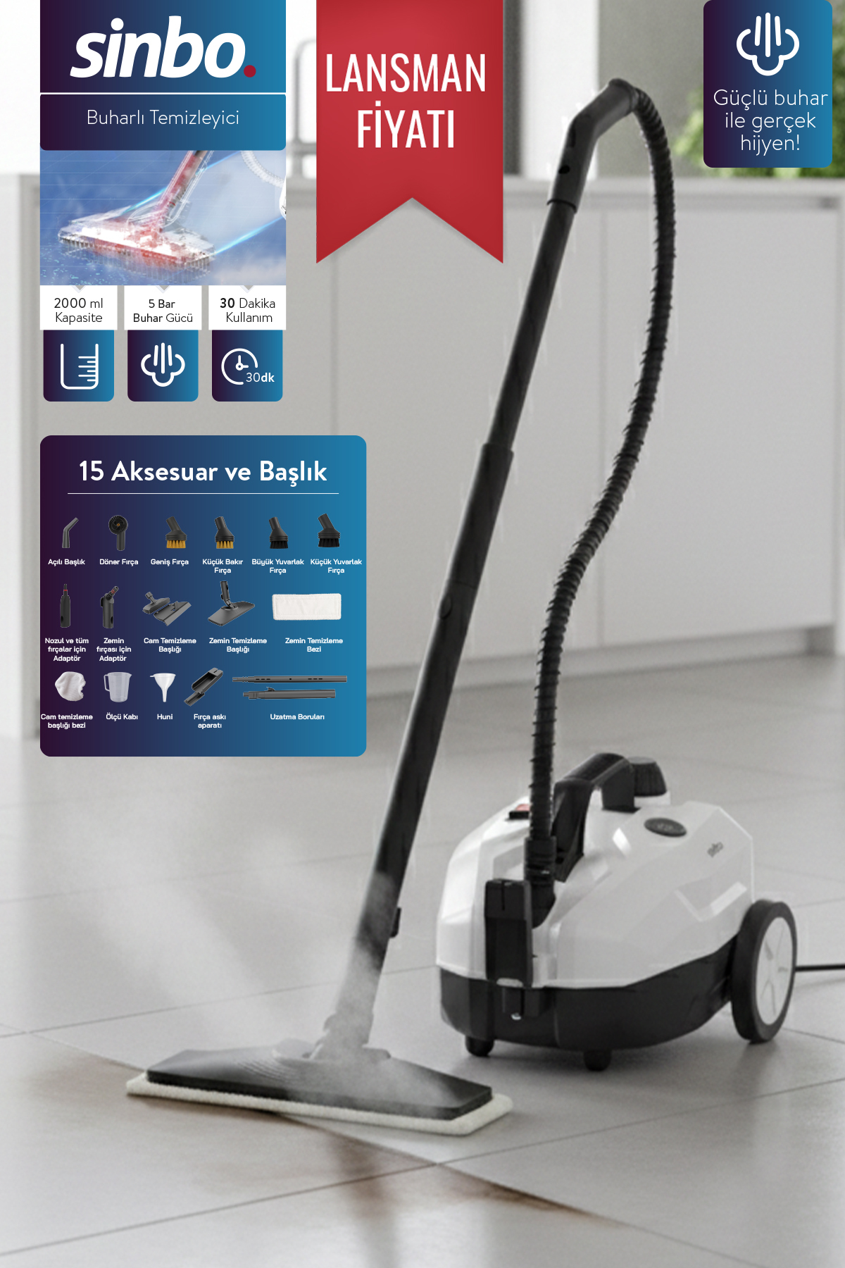 2000W 5 Bar High Pressure 2 Liter 15 Heads 110°C Professional Steam Cleaner SSC-6428