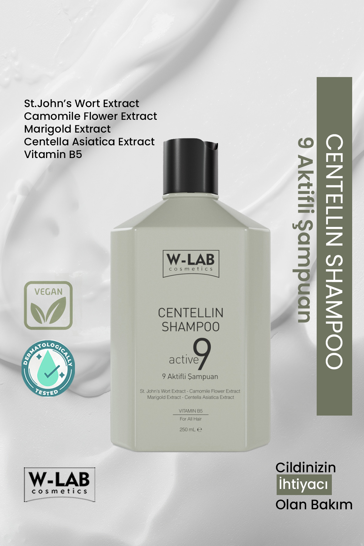 W-Lab Kozmetik Centellin 9 Aktifli Şampuan 250 ml Egzama, Pullanma, Sedef, Kepek, Kaşıntıya Karşı Etkili
