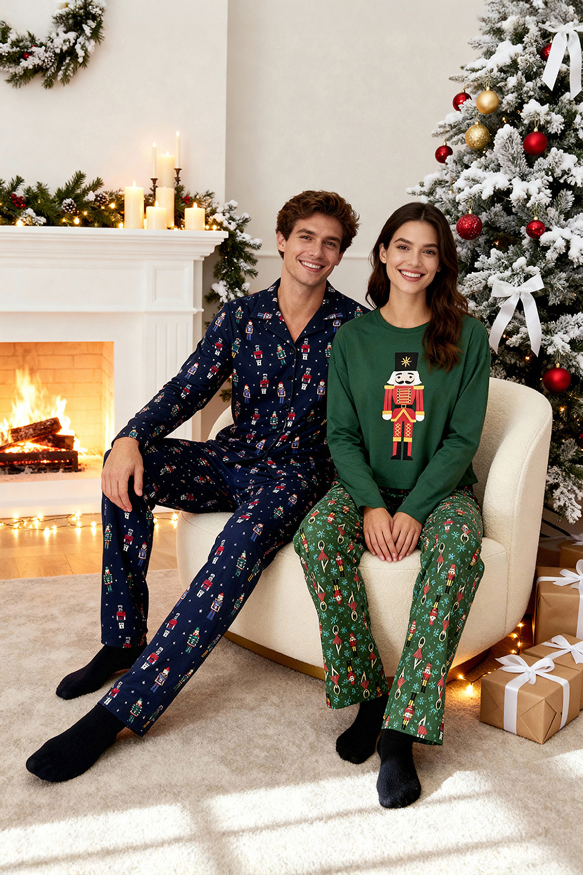 Trendyol Collection Marineblaues Pyjama-Set mit Hemdkragen und Neujahrsmotiv – 100 % Baumwolle, normale Passform TMNAW24PT00048