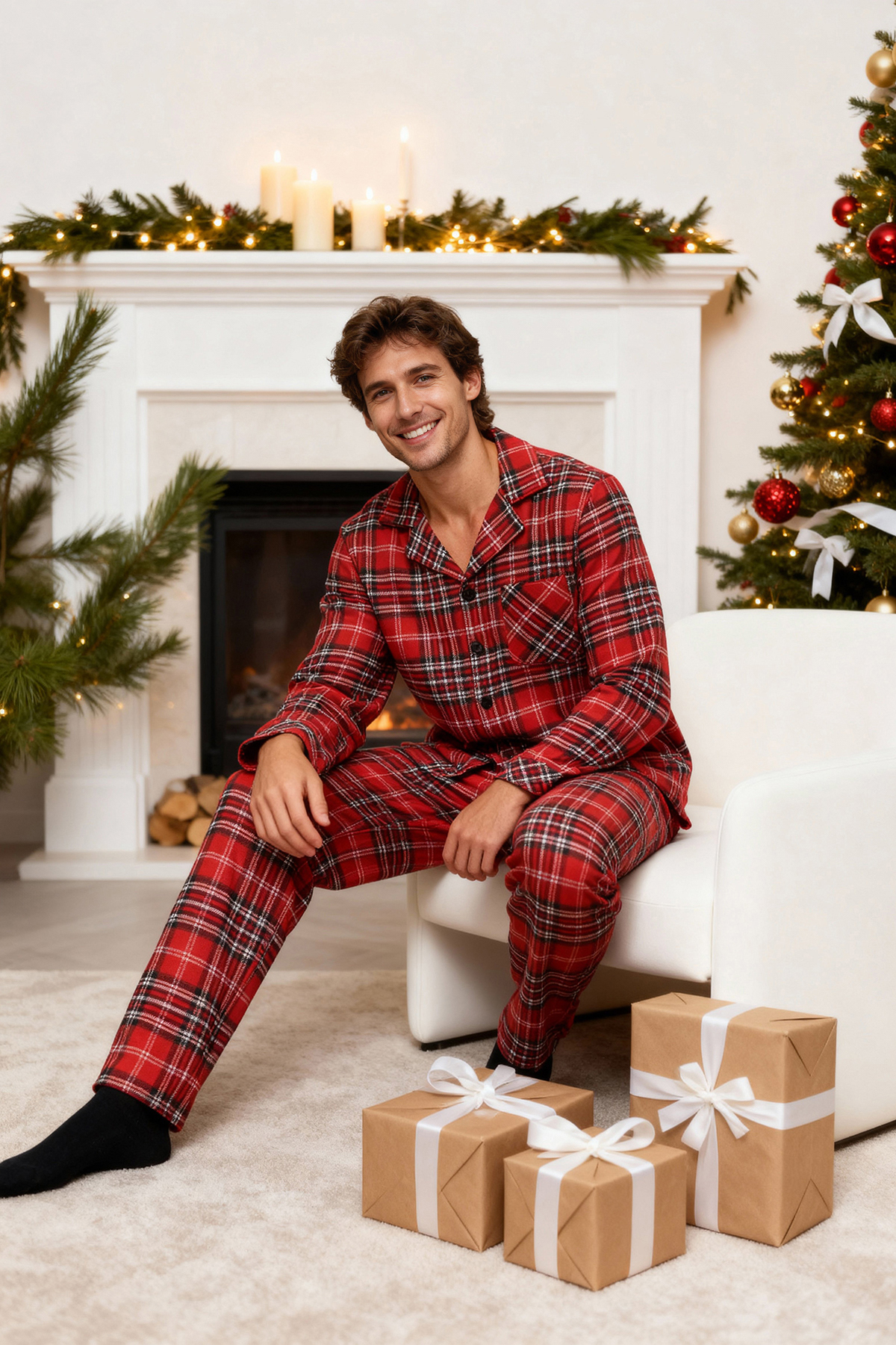 Trendyol Collection Комплект червена стандартна пижама с карирани шарки - TMNAW24PT00019