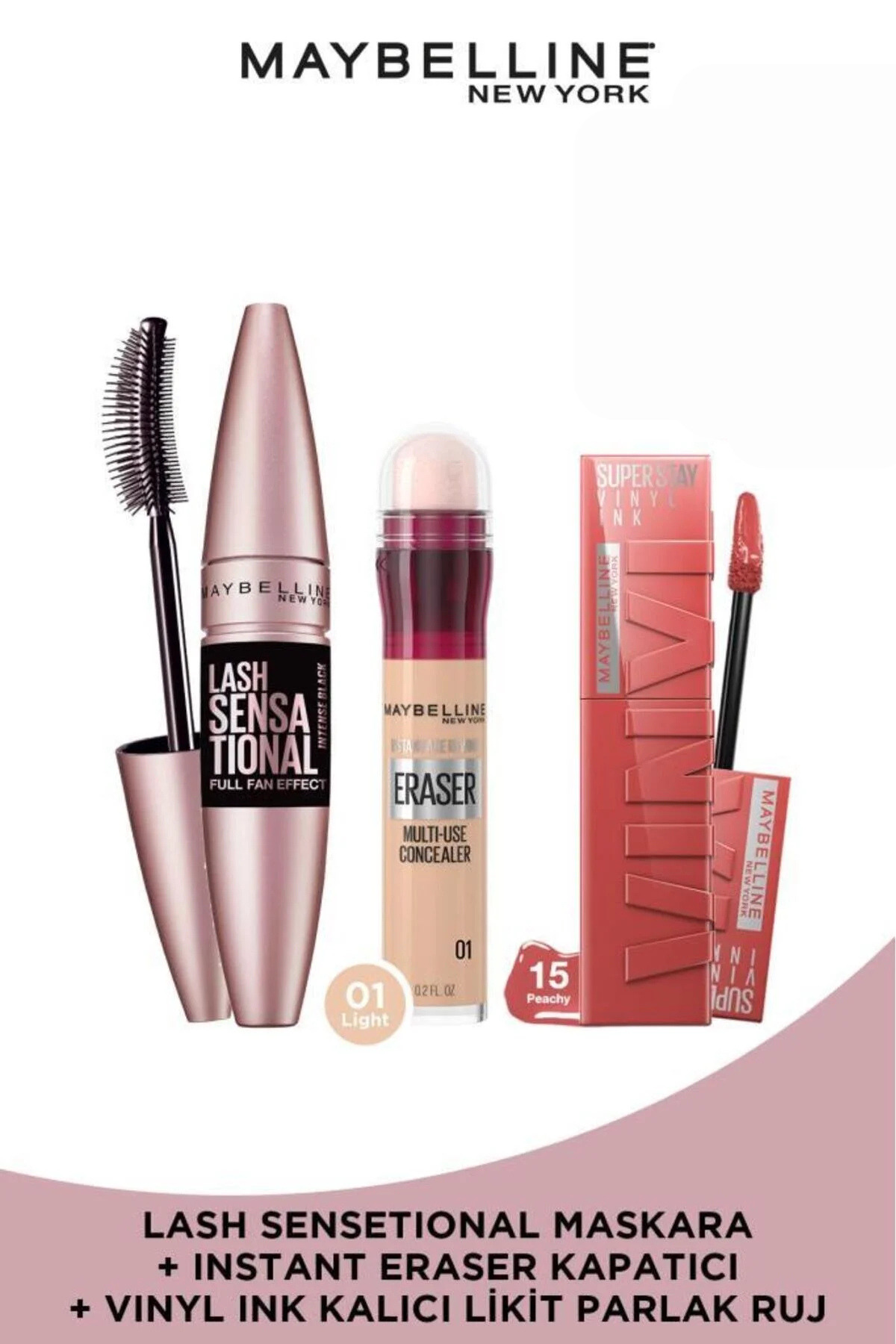 میبلین نیویورک ریمل مژه و ابروی مشکی Lash Sensational و کانسیلر پاک کننده فوری رنگ 01 و رژ لب وینیل Ink 15