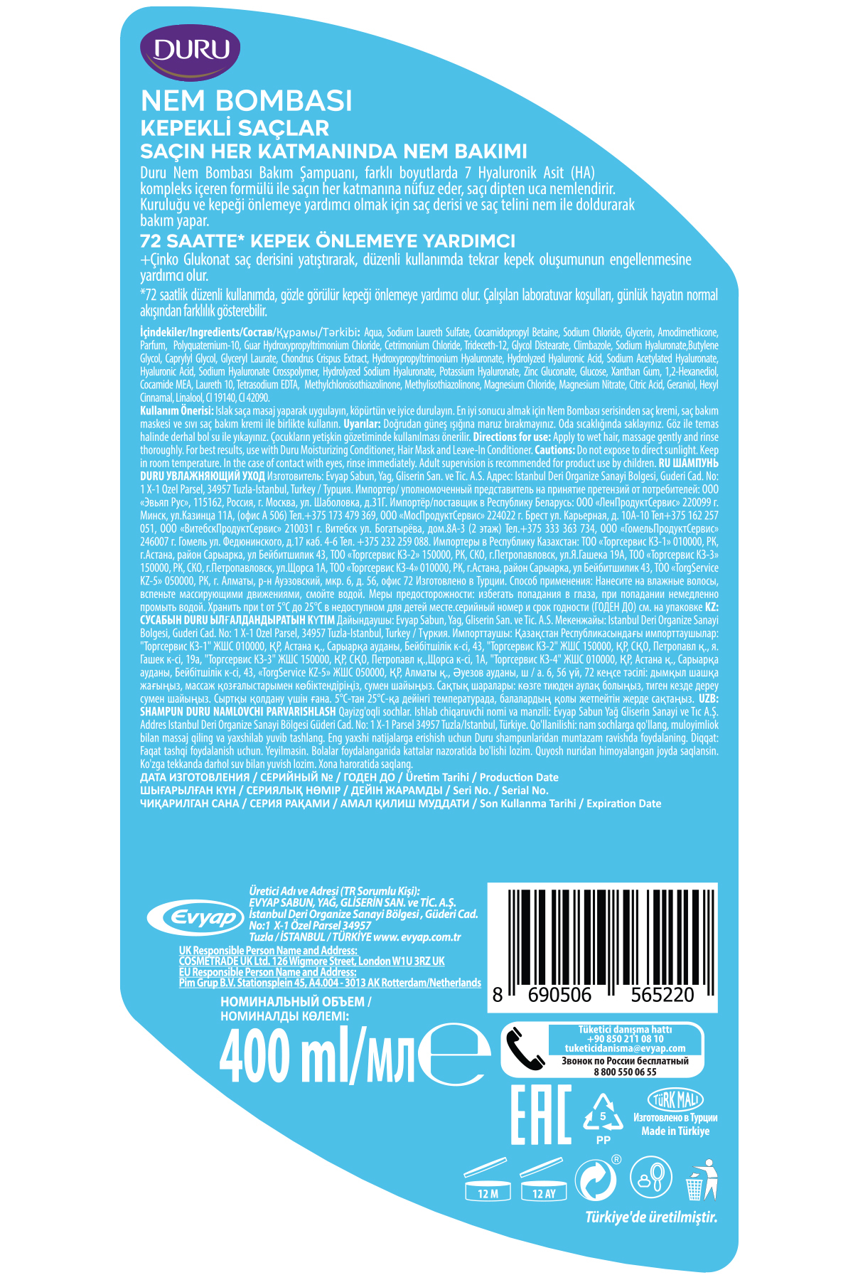Nem Bombası Kepekli Saçlar için Kepeğe Karşı Etkili Şampuan 400 Ml