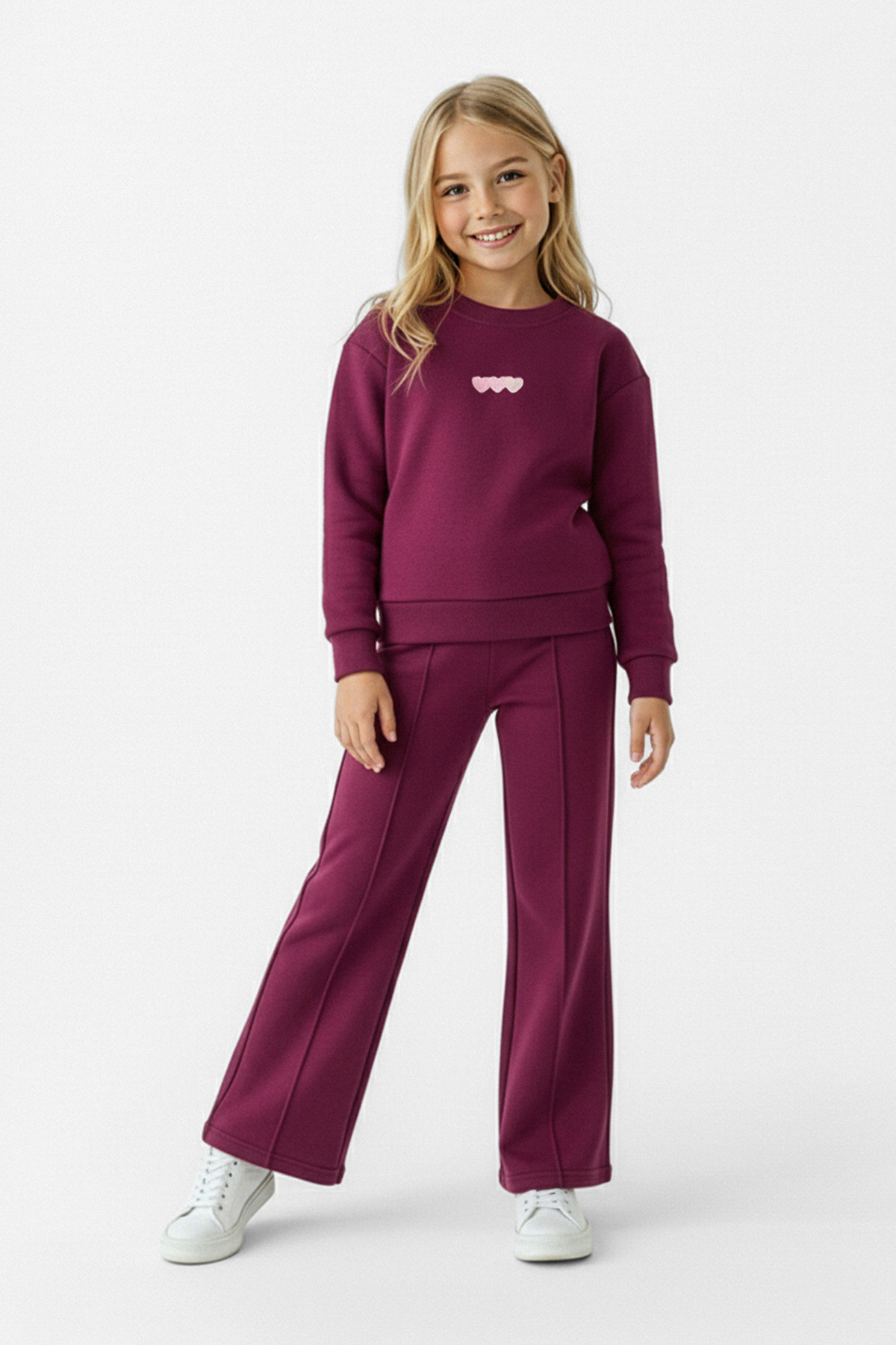 TRENDYOLKIDS Lilac Cotton Heart Oversize Girl's Knitted Bottom - Top Set Tkdaw26Au00001