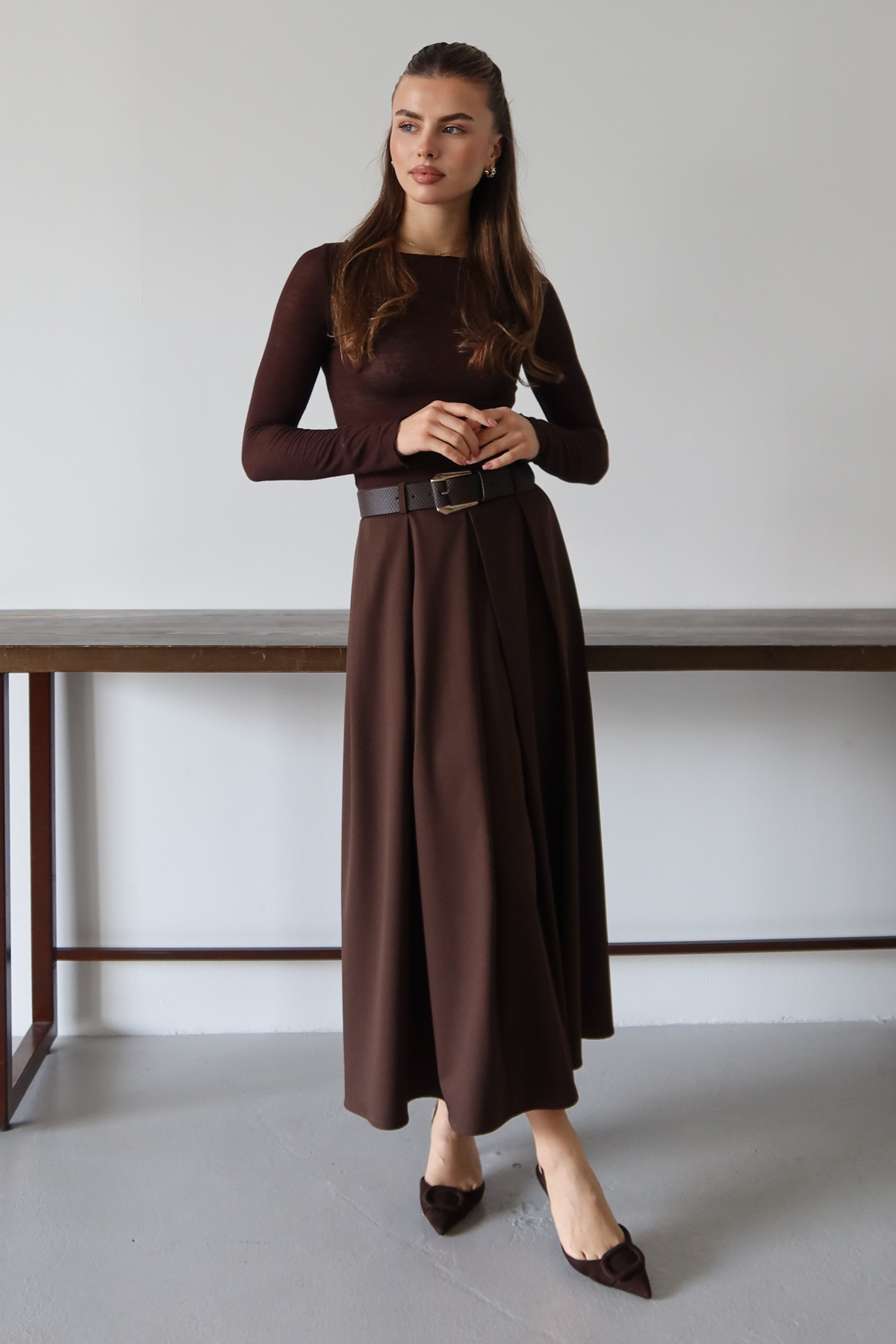Trendyolmilla  Koyu Kahverengi Kemerli Çan/A-Line Dokuma Uzun Maxi Etek TWOAW26ET00168 - Görsel 5