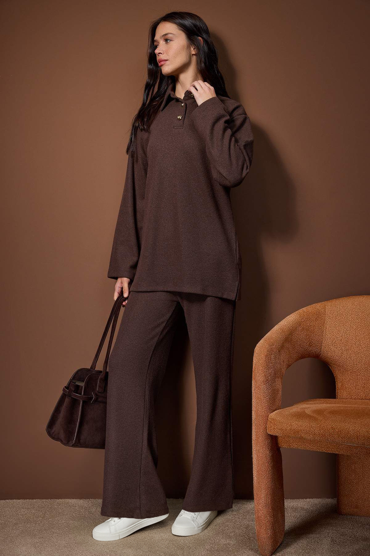 Trendyol Modest Brązowy Regularny materiał Selanik Miękka dzianina Komplet spodni i bluzki TCTAW26US00061