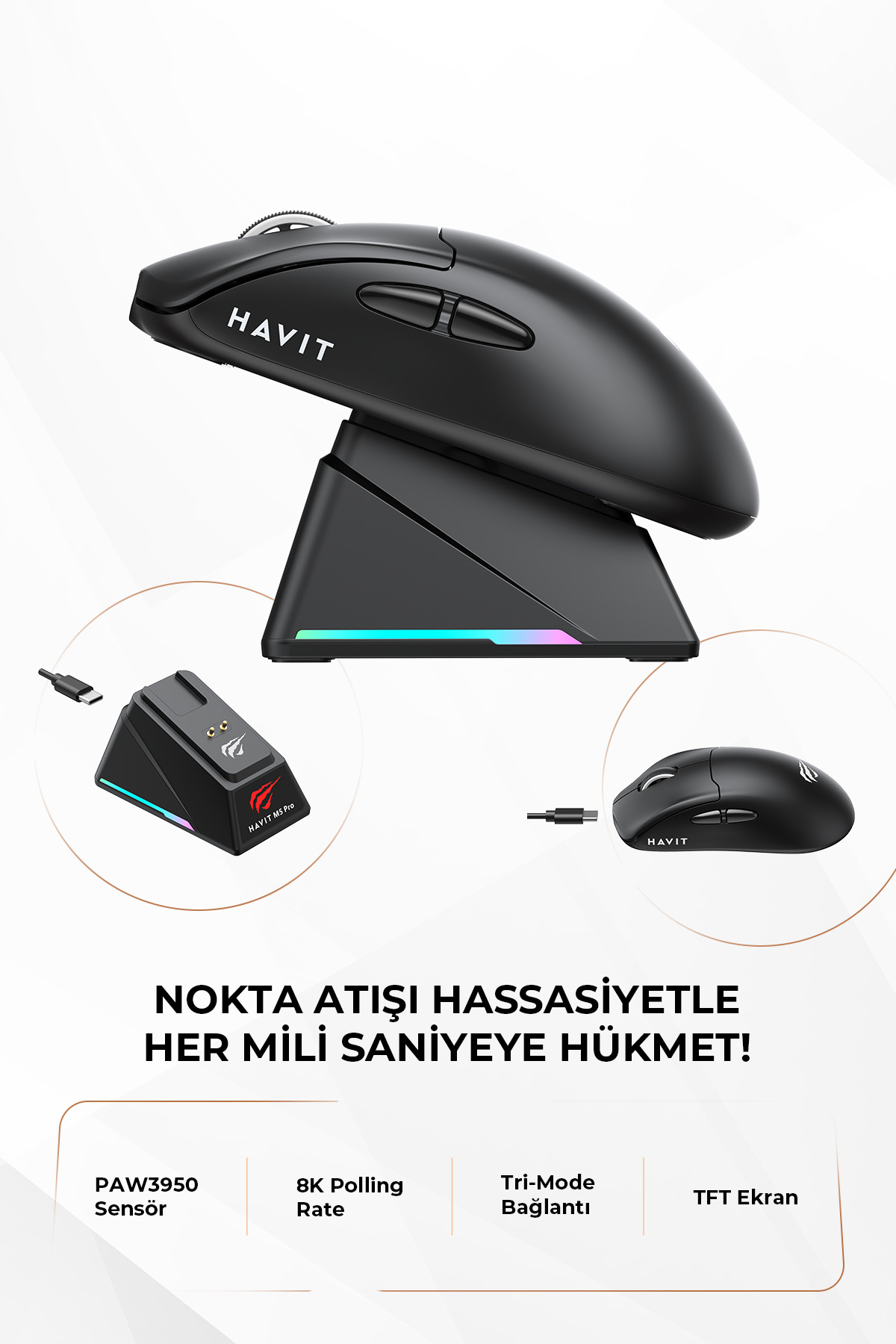 Havit Gamenote M5 PRO Superlight Kablosuz Gaming Mouse - 30.000 DPI, PAW3950 - RGB Şarj Standlı - Ekranlı