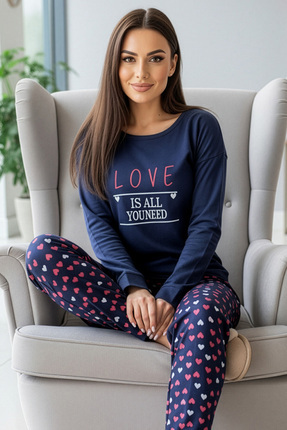 Pijamaevi Lacivert Love Desenli Termal Kadın Pijama Takımı