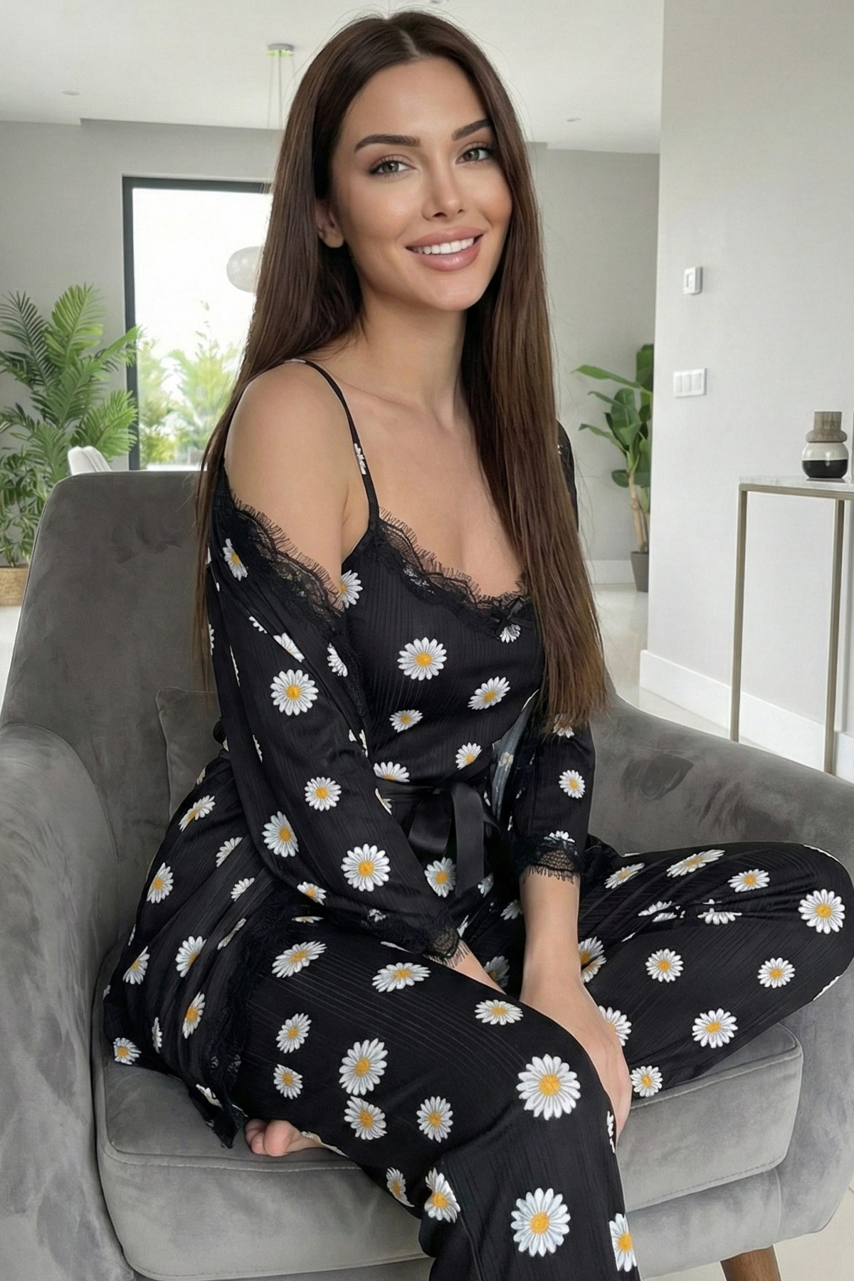 Pijamaevi Black Daisy Daisy vzorovaný Pegasus pyžamový set s županem