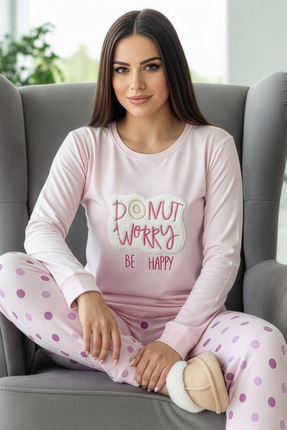 Pijamaevi Toz Pembe Donut Worry Desenli Termal Kadın Pijama Takımı