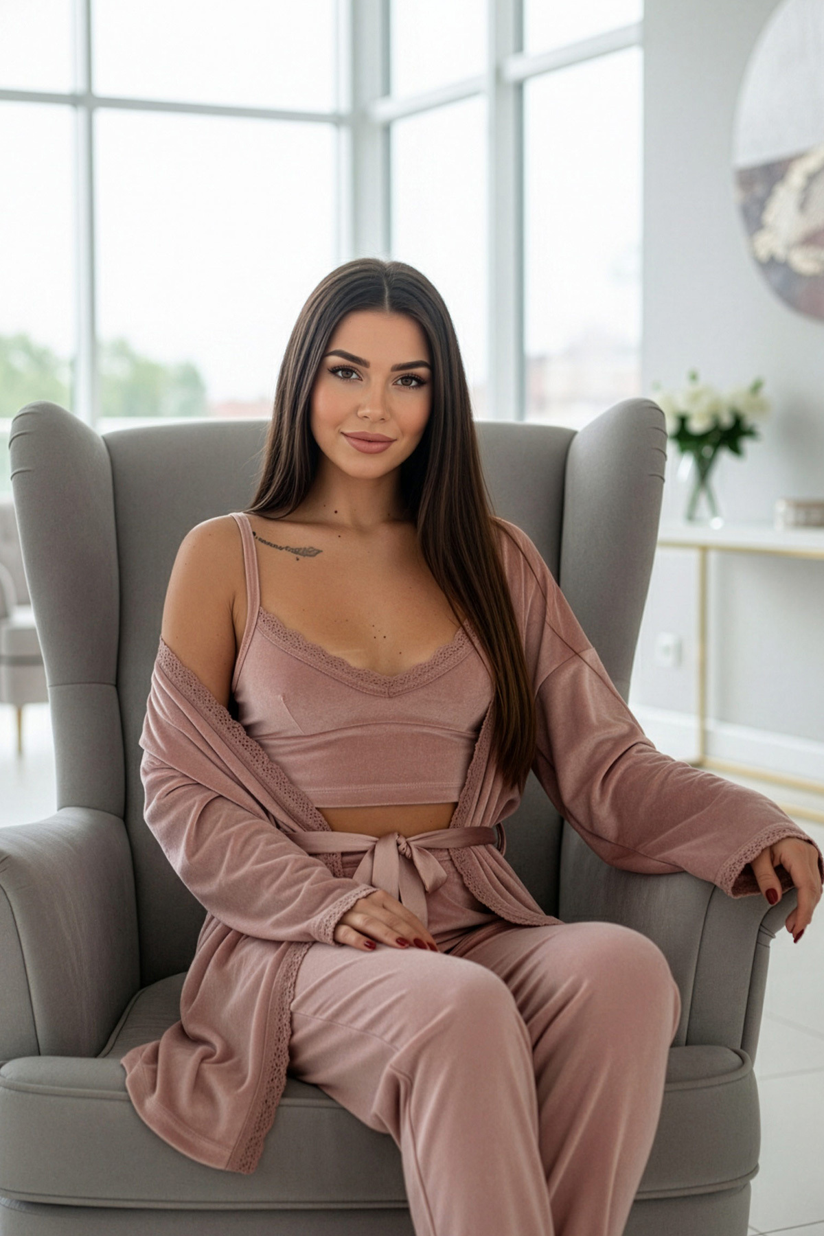 Pijamaevi Exkluzivní sametový dámský pyžamový set Powder Crop s županem