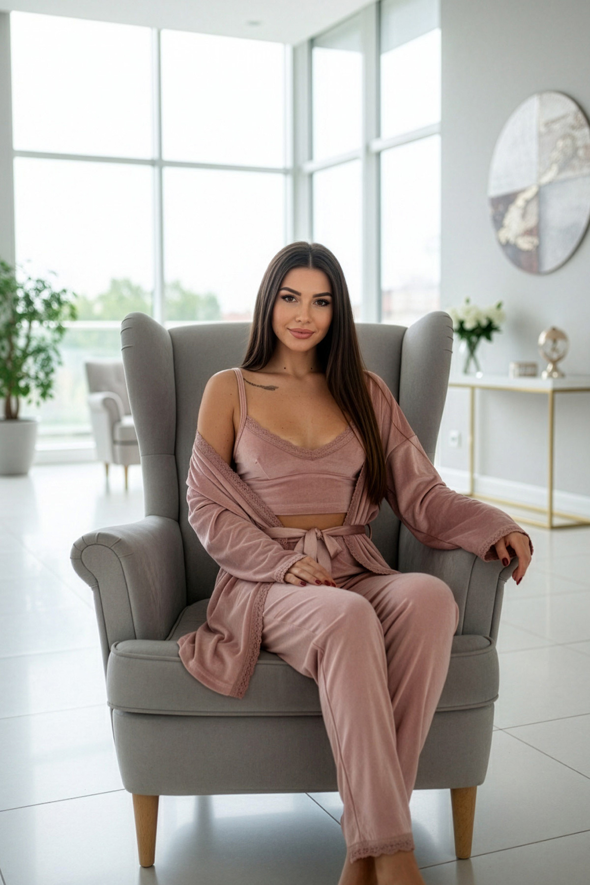 Pijamaevi Exkluzivní sametový dámský pyžamový set Powder Crop s županem