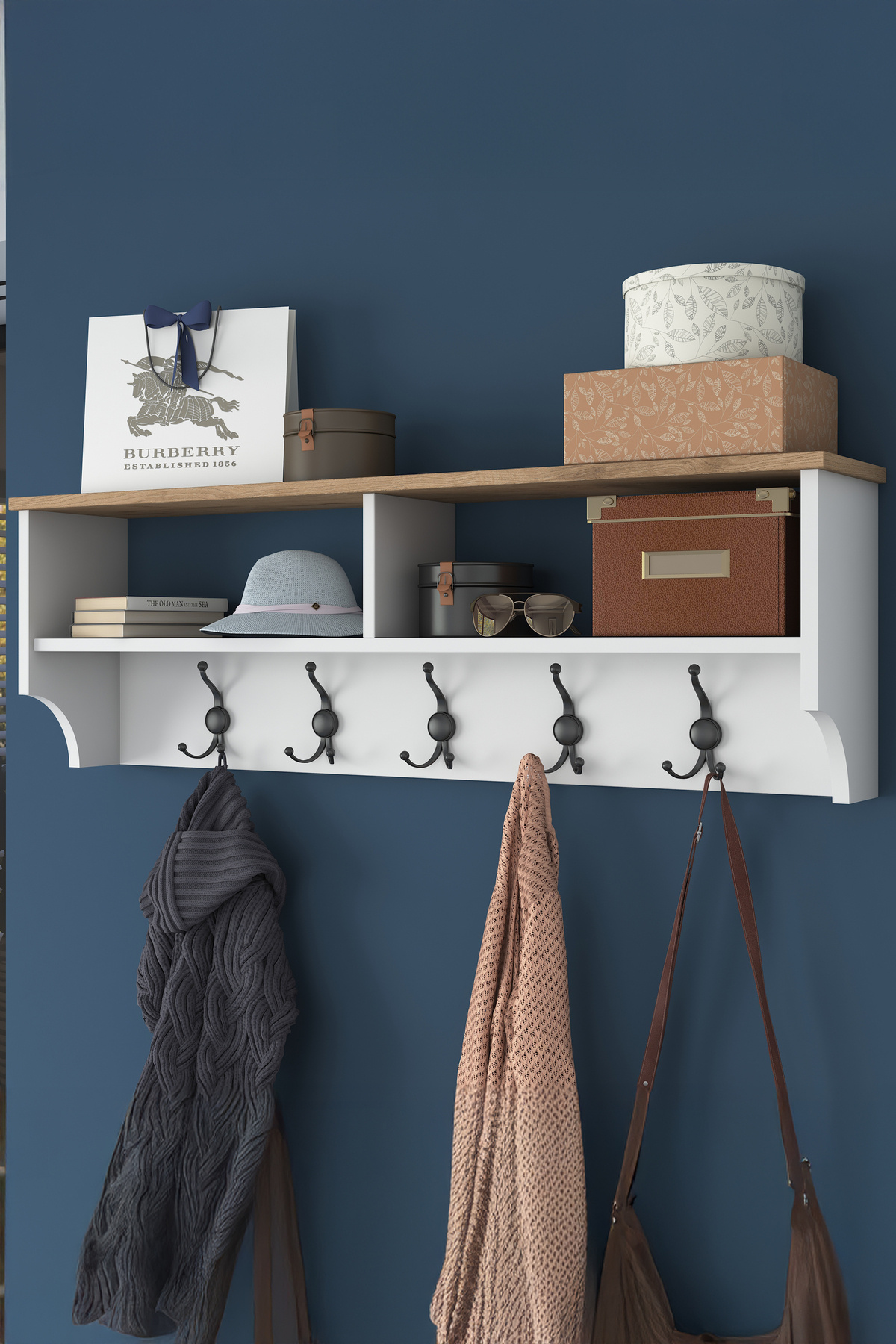 Rani P2 Modern Coat Rack Wall Hanger White - Basket Walnut Cloakroom 120 Cm