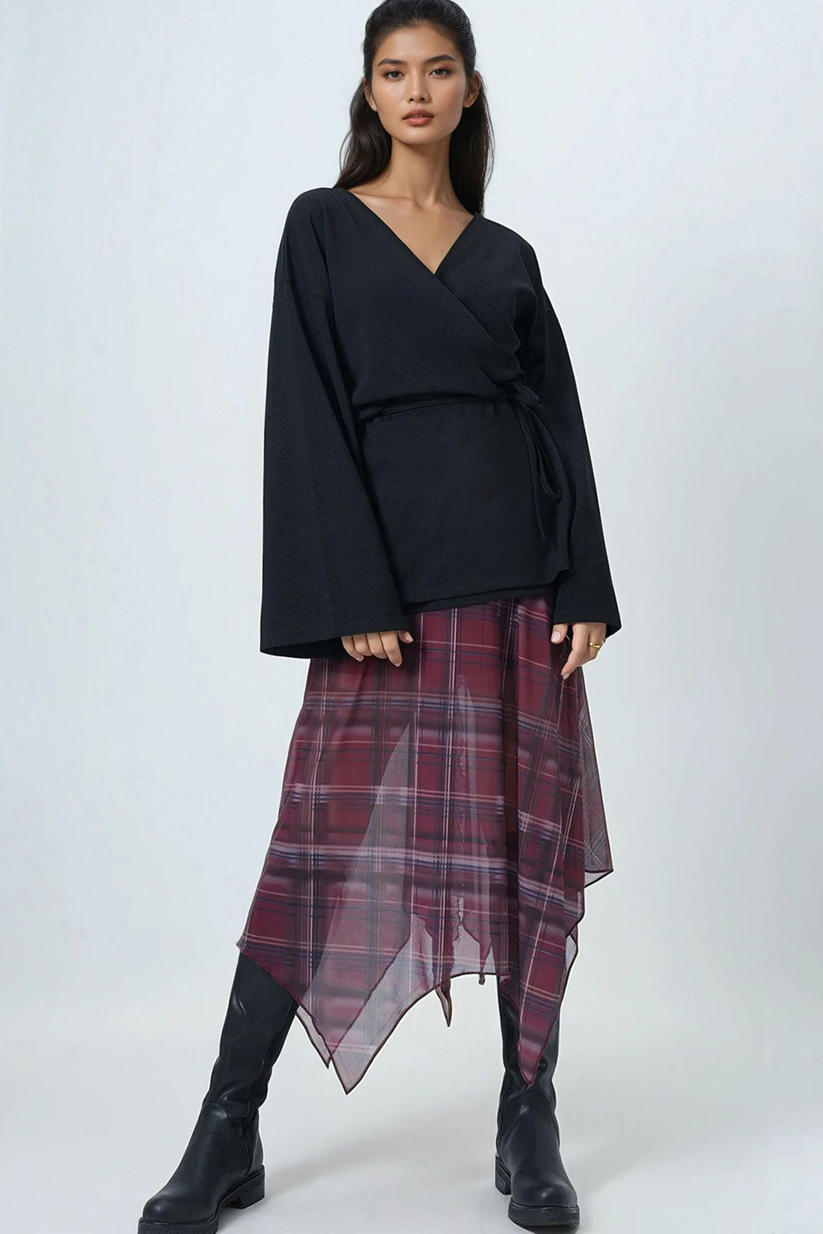 Trend Alaçatı Stili Kobieta Czarna Kurtka z V-Krajem i Wiązaniem Alc-X14410