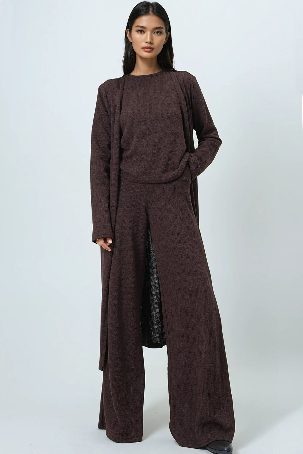 Kadın Kahverengi Bisiklet Yaka Omzu Vatkalı Dokulu Bluz Pantolon Ve Hırkalı 3 Lü Takım ALC-X14703