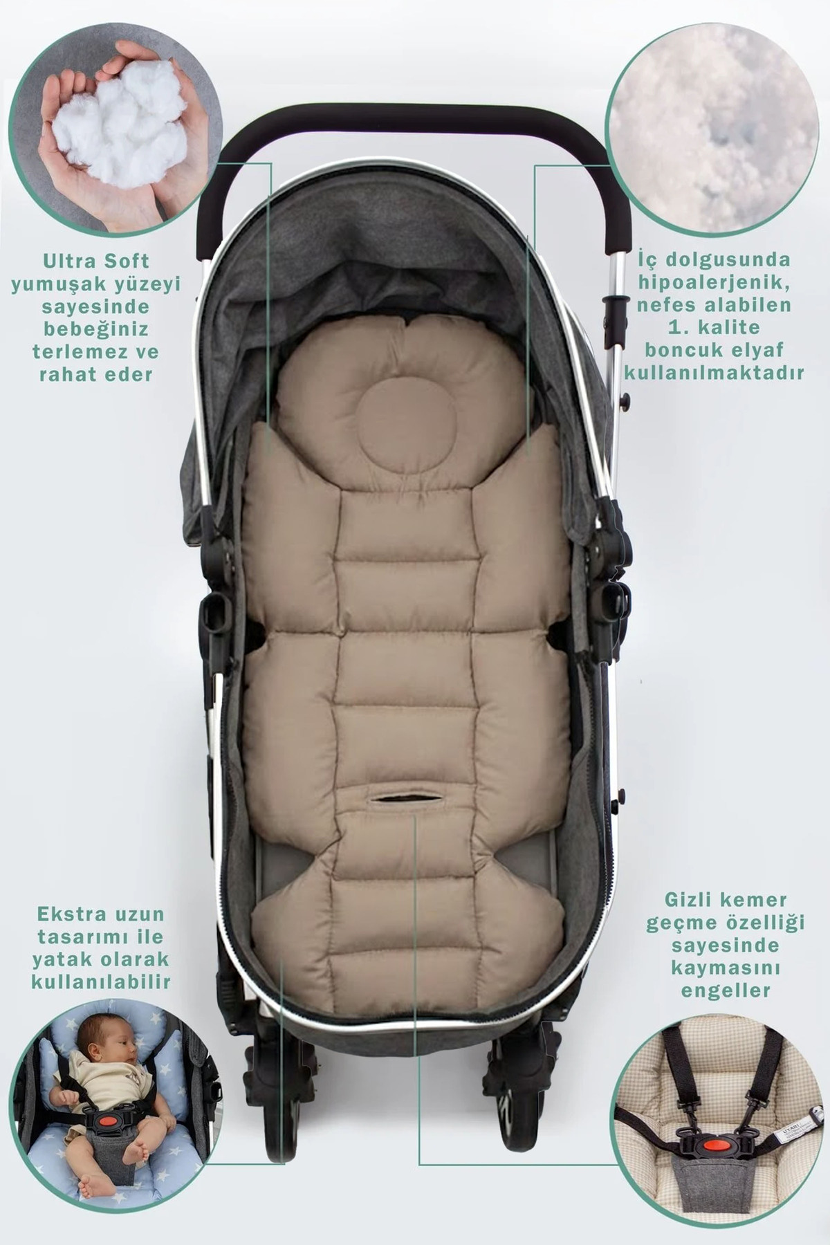 mordesign Bebek Arabası Minderi, Bel Destekli, Ekose Desen, Kahverengi fotoğrafı 2 (önizleme)