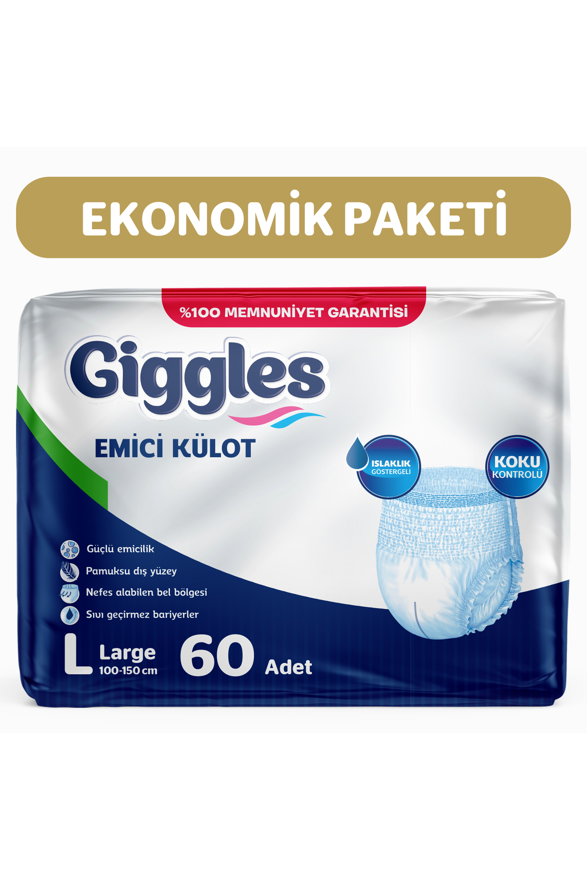 Yetişkin Emici Külot Bez Büyük Boy (Large) Bel Boyu 100-150cm  Islaklık Göstergeli - 2 paket 60Adet