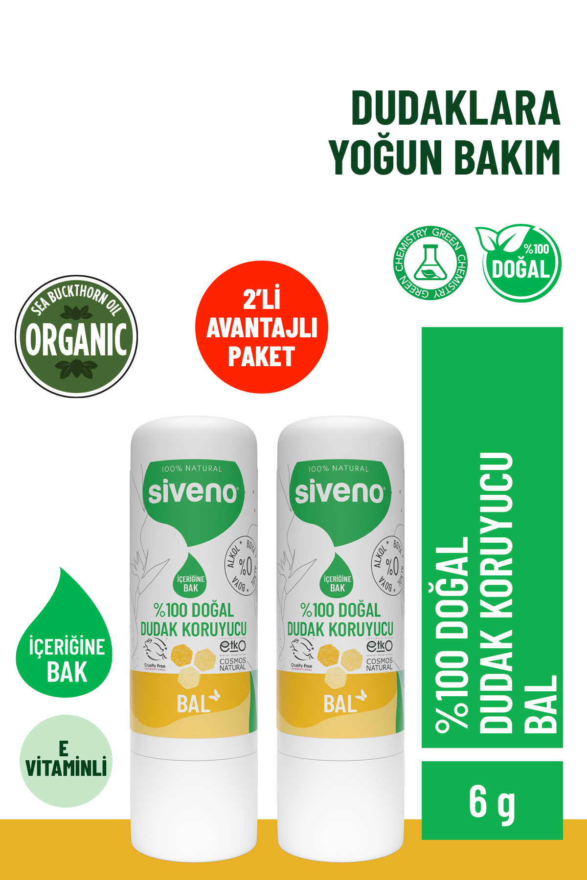 Siveno %100 Doğal Dudak Koruyucu Bal Bitkisel Lipbalm Kremi Nemlendirici Parlatıcı Onarıcı 6 G X 2 Adet