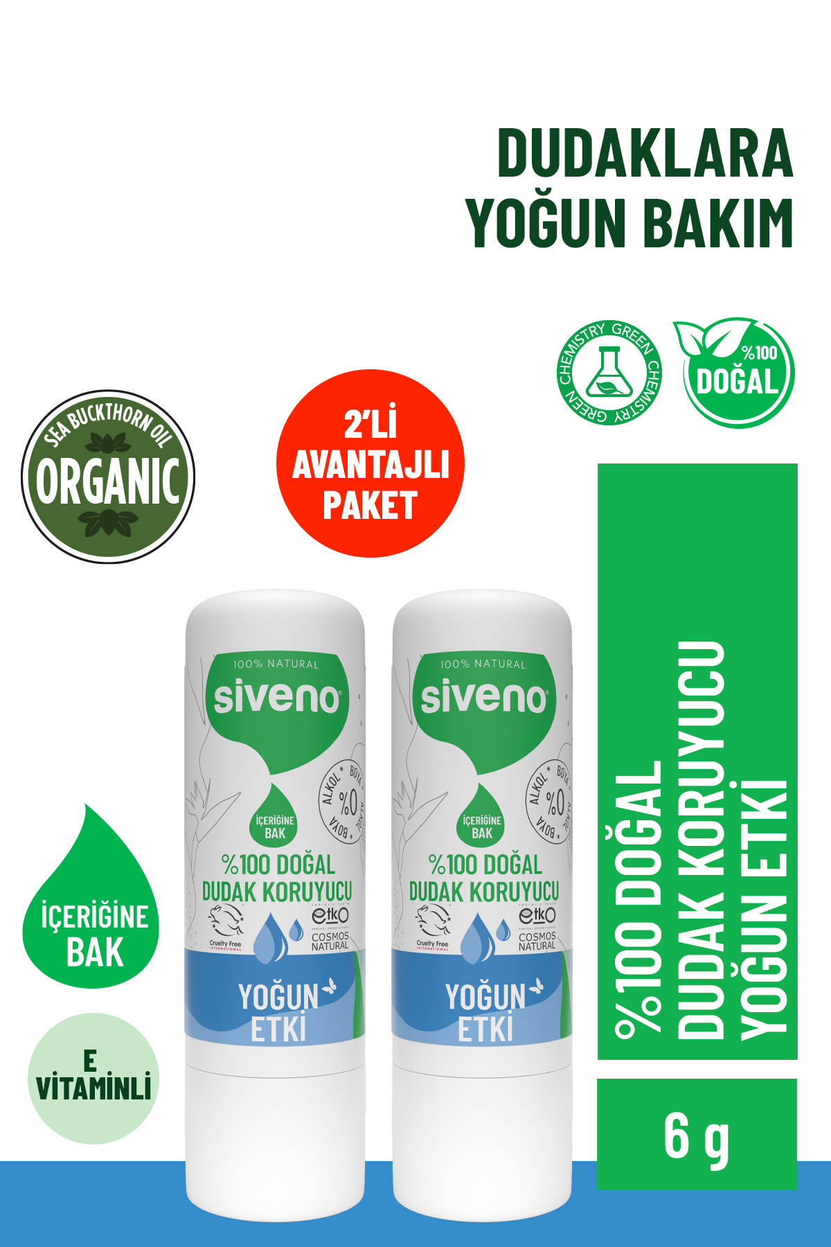 Siveno %100 Doğal Dudak Koruyucu Yoğun Etki Lipbalm Krem Nemlendirici Parlatıcı Onarıcı 6 G 2 X Adet