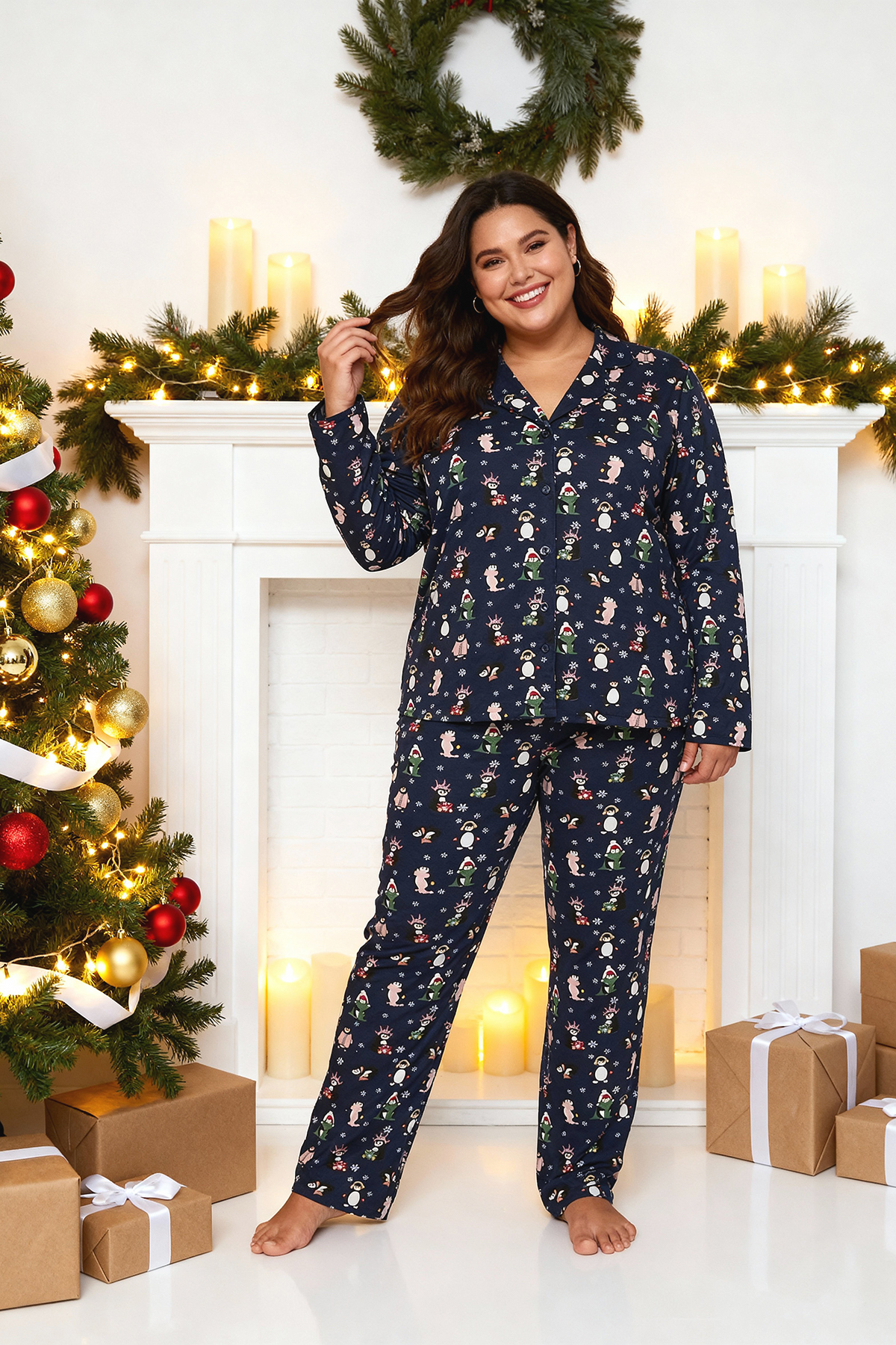 Trendyol Curve Marineblaues Pyjama-Set aus Strick mit Neujahrsthema - Hemdkragen TBBAW24AI00002