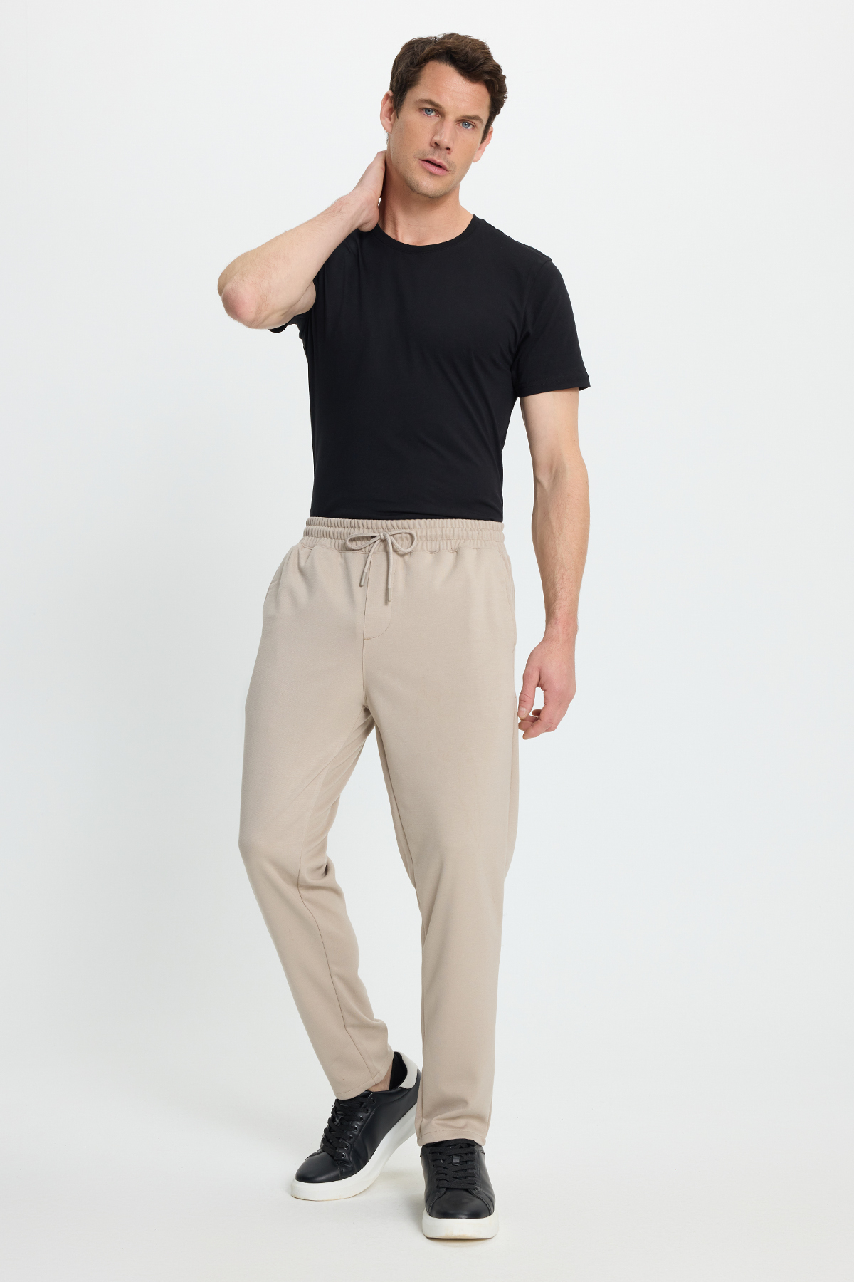 Tudors  Erkek Regular Fit Klasik Kesim Beli Lastikli Bağcıklı Bej Jogger Pantolon - Görsel 2