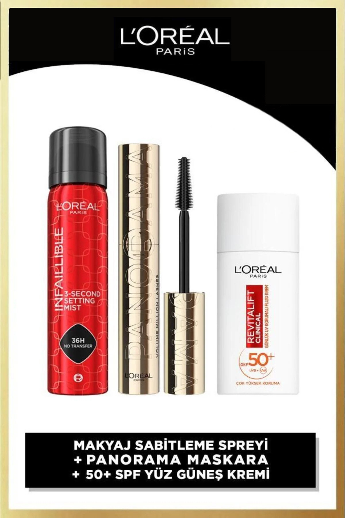 لوریل پاریس ریمل حجم دهنده پانوراما مشکی + اسپری تثبیت کننده آرایش و کرم ضد آفتاب کلینیکال Revitalift با SPF50+