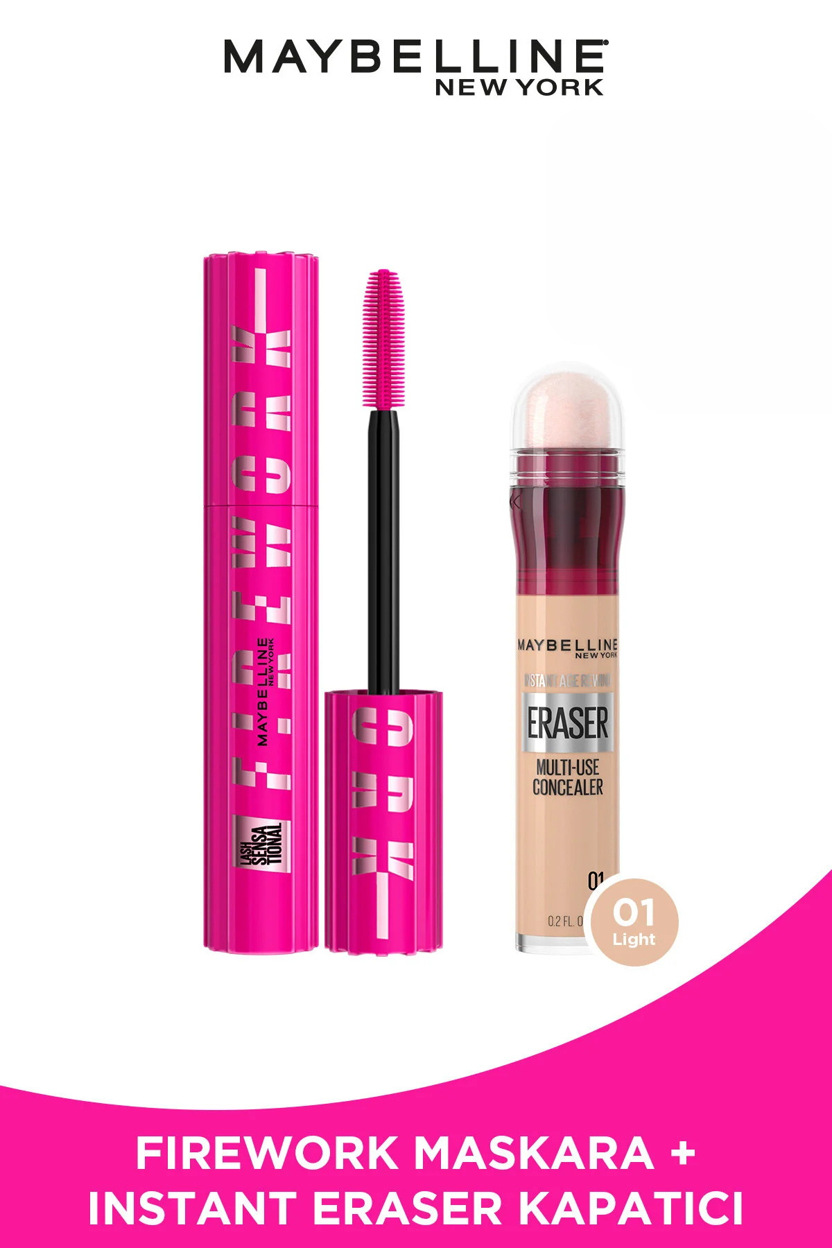 میبلین نیویورک ریمل لش سنسیشنال فایرورک و کانسیلر پاک کننده فوری ضد پیری - ست آرایش لایت 01