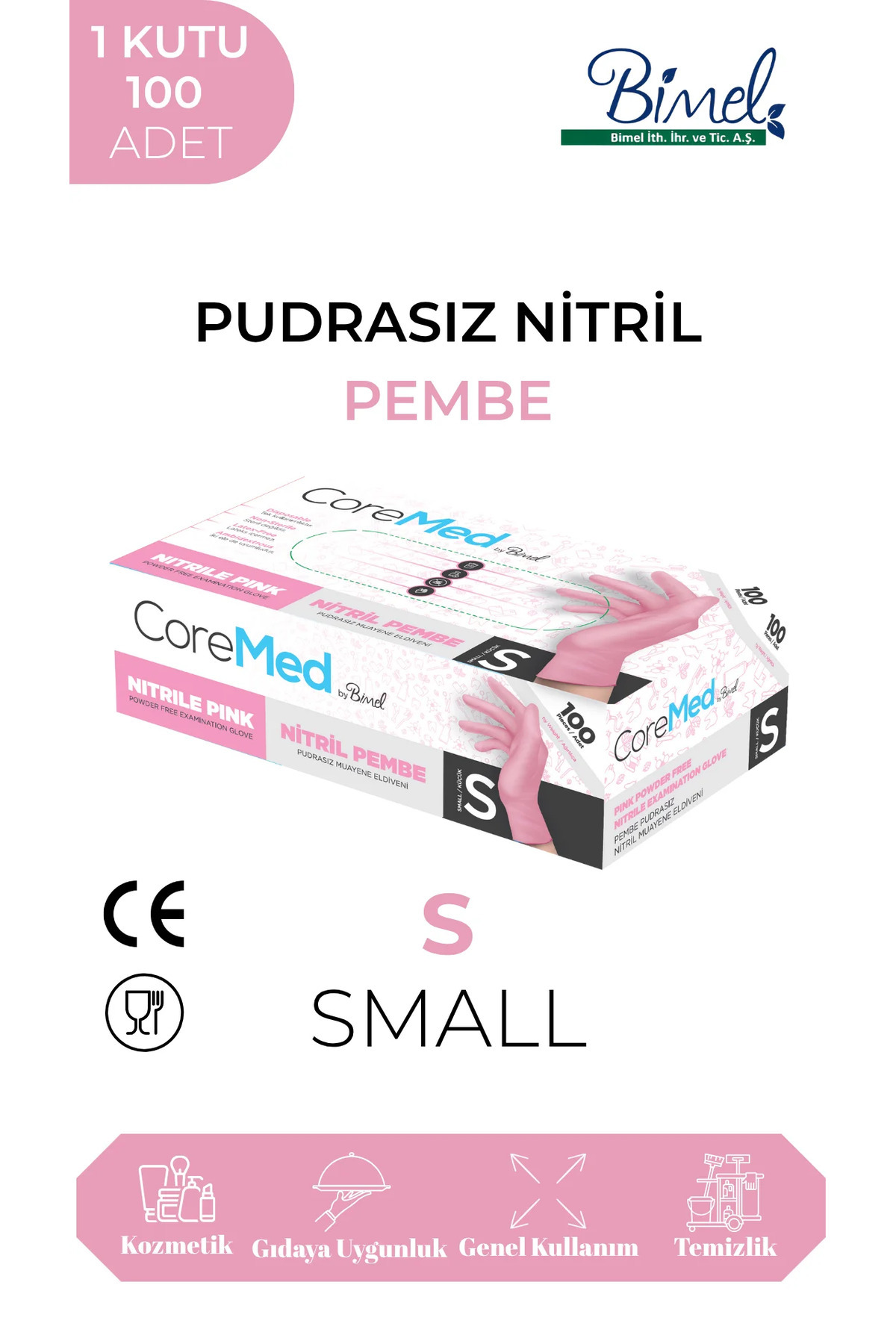 COREMED Toz Pembe Nitril Muayene Eldiveni Pudrasız 100’lük Kutu - Small
