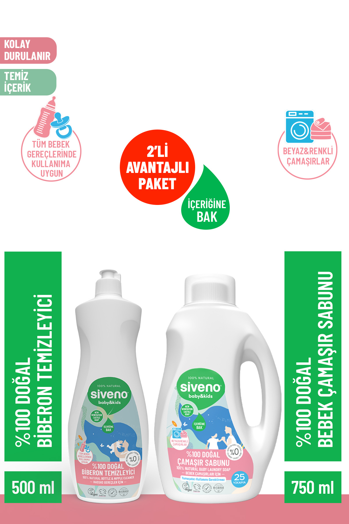 Siveno %100 Doğal Bebek Çamaşır Sabunu 750 ml & Biberon Emzik Temizleyici Elde Bulaşık Sabunu 500 ml
