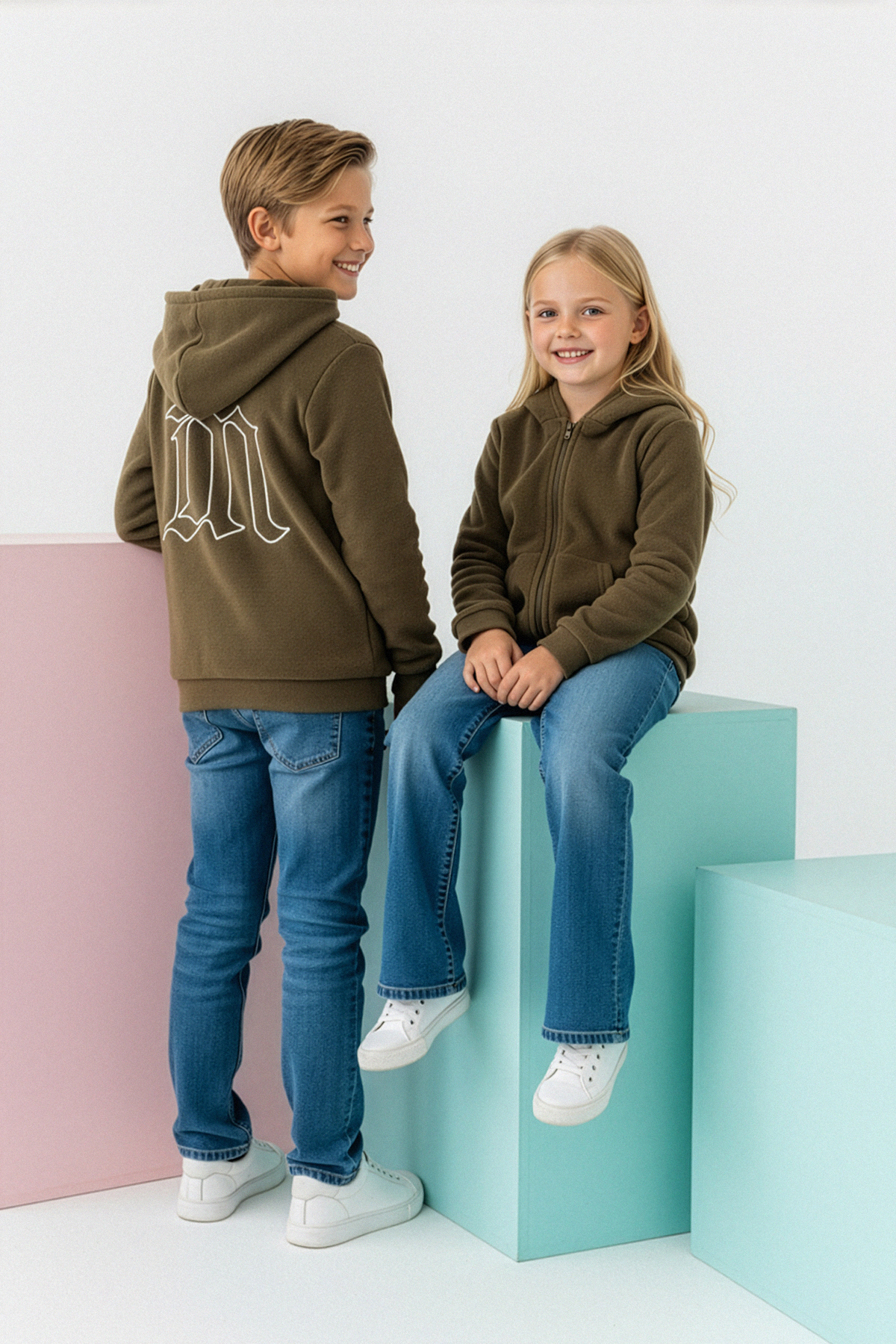 Trendyolmilla  Haki Sırt Baskılı Polar Unisex Çocuk Örme Sweatshirt TKDAW26SW00029