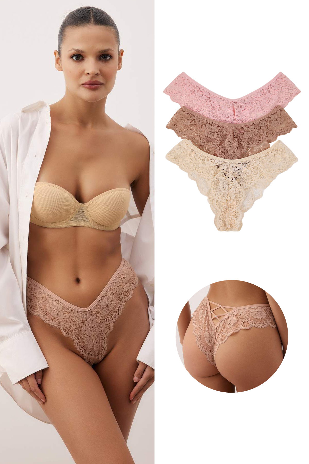 Trendyol Collection Braun-Haut-Rosa 3-teiliges Spitzen-Strickhöschen im brasi...