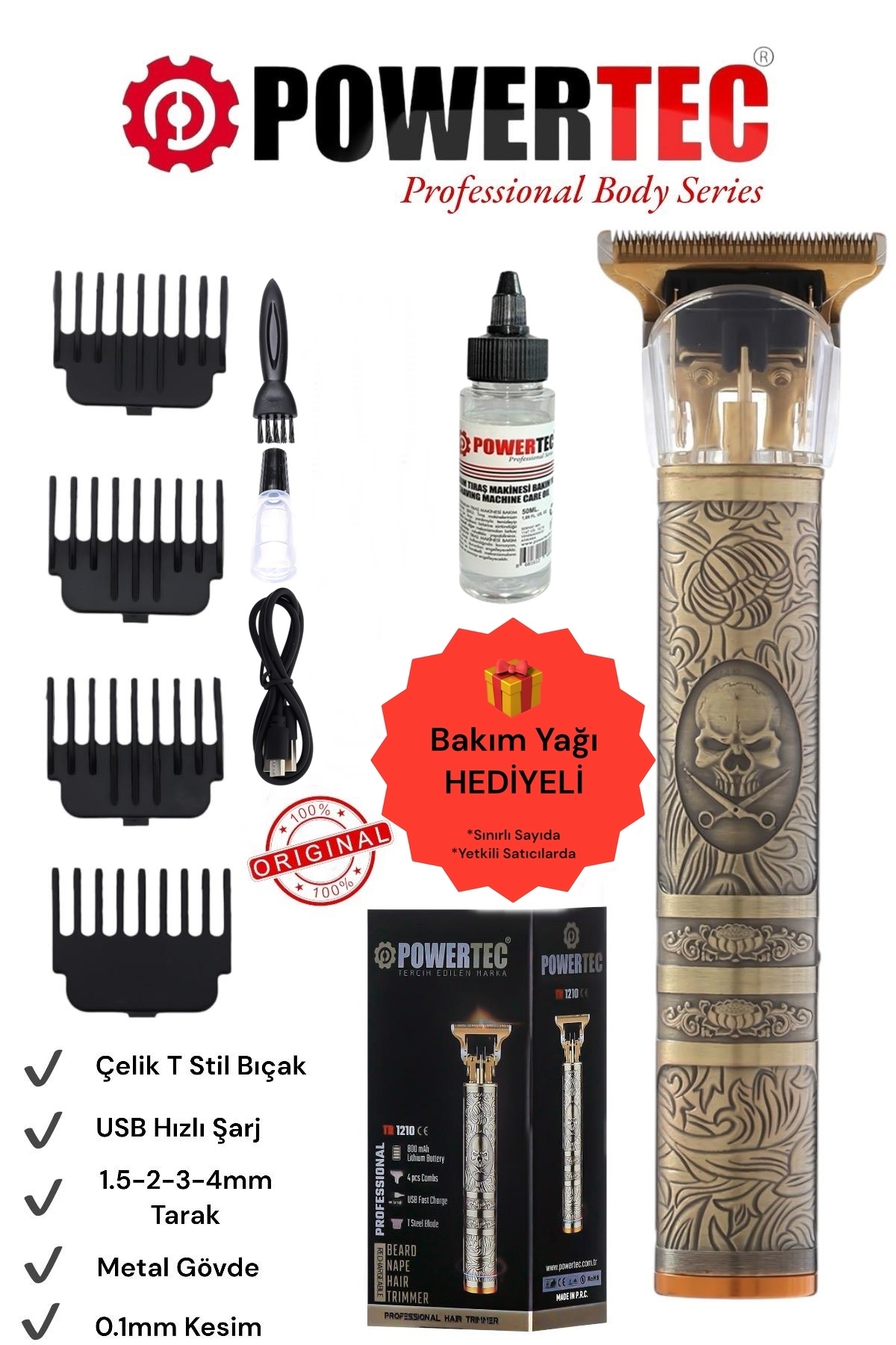 POWERTEC TR-1210 Profesyonel Usb Şarjlı Sakal Vücut Kıl Tüy Alma Kadın Erkek Lazer Öncesi Epilasyon Makinesi