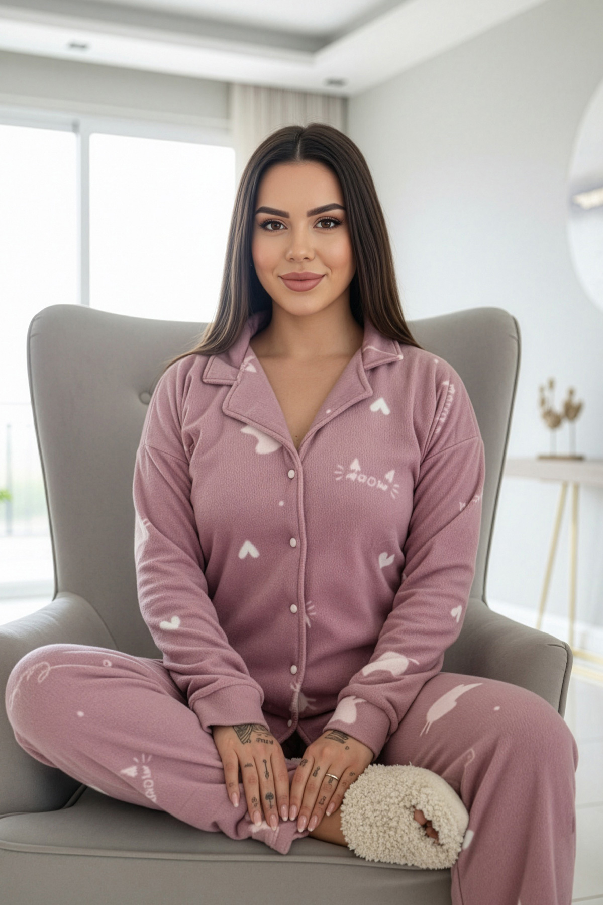 Pijamaevi Pink Cat Patterned Front Buttoned Plush Fleece Pajama Set
