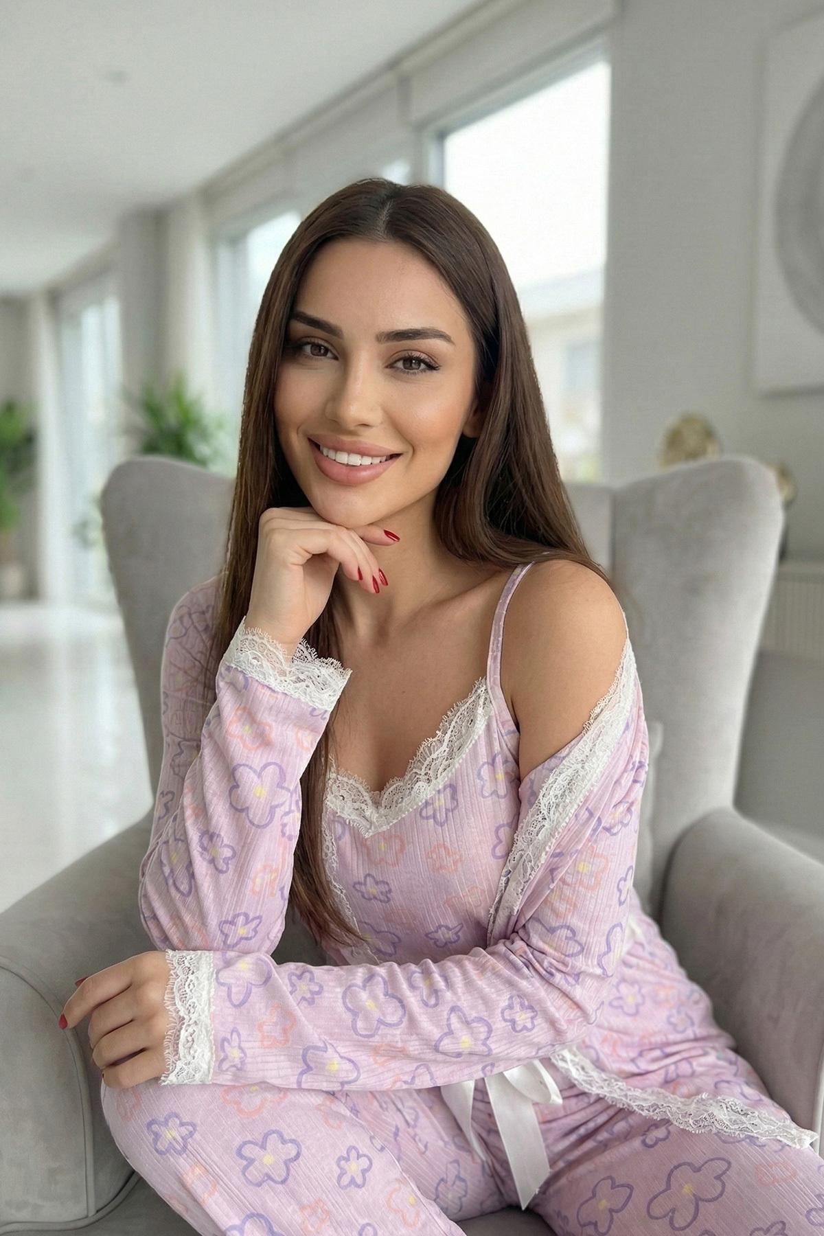 Pijamaevi Pink Stripe Floral Patterned Pegasus Pajama Set with Dressing Gown