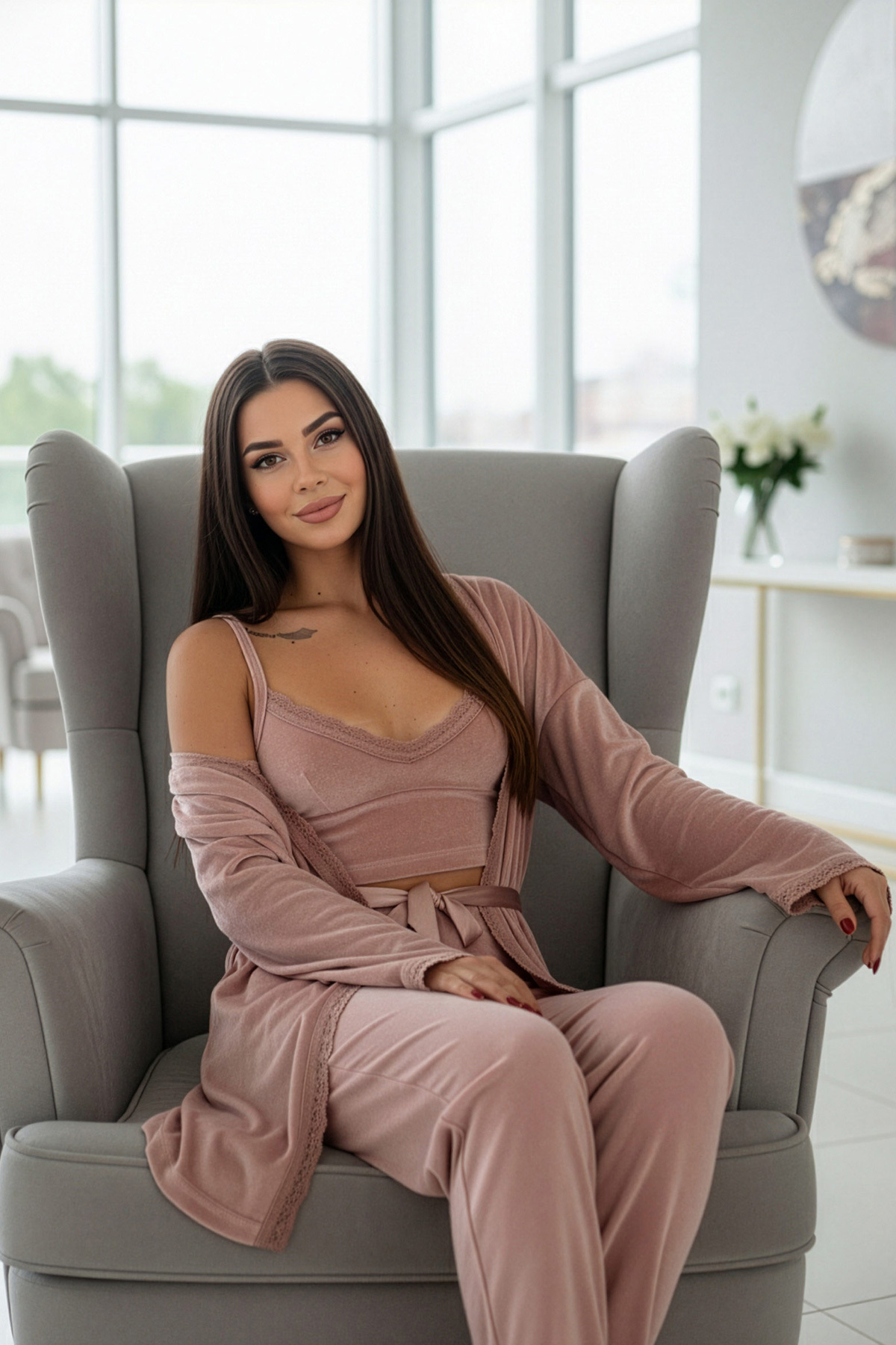 Pijamaevi Exkluzivní sametový dámský pyžamový set Powder Crop s županem