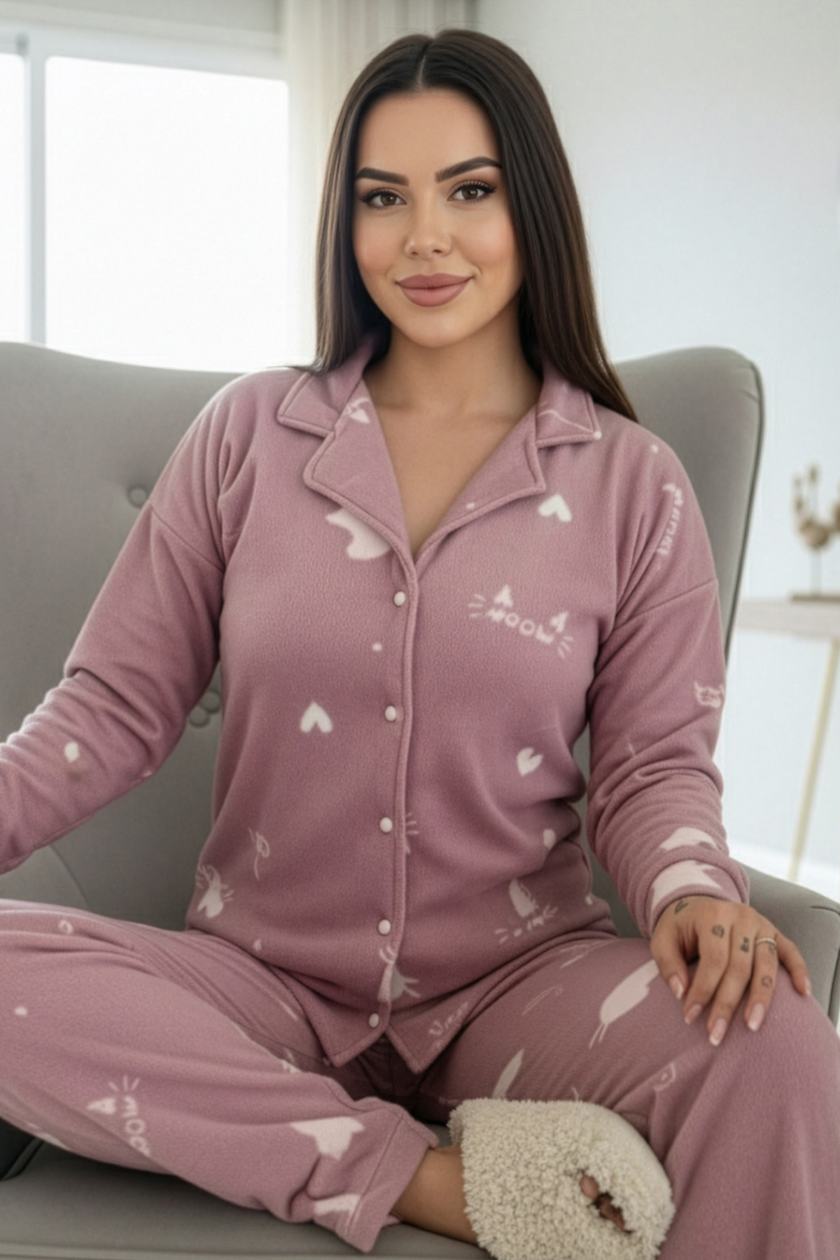 Pijamaevi Pink Cat Patterned Front Buttoned Plush Fleece Pajama Set