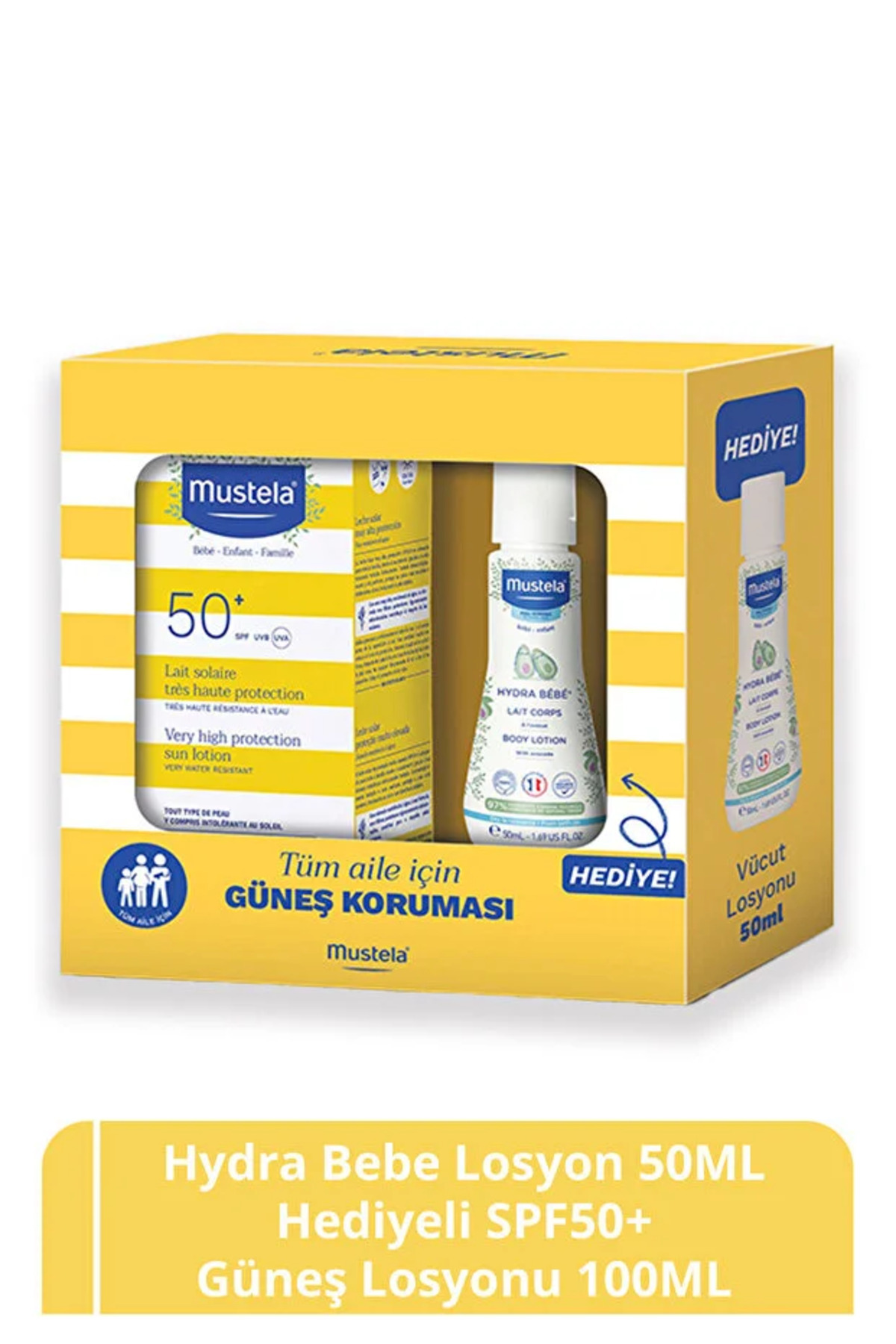 Mustela SPF 50+ Güneş Losyonu 100 ml + Hydra Bebe Vücut Losyonu 50 ml Hediyeli Tüm Aile İçin — KK.8703755 LOT 1702